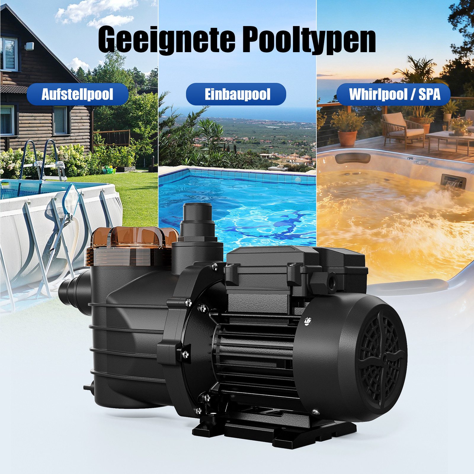 LALAHO Pool-Filterpumpe Poolpumpe 250W, 7900 l/h Durchfluss, selbstansaugende Wasserpumpe