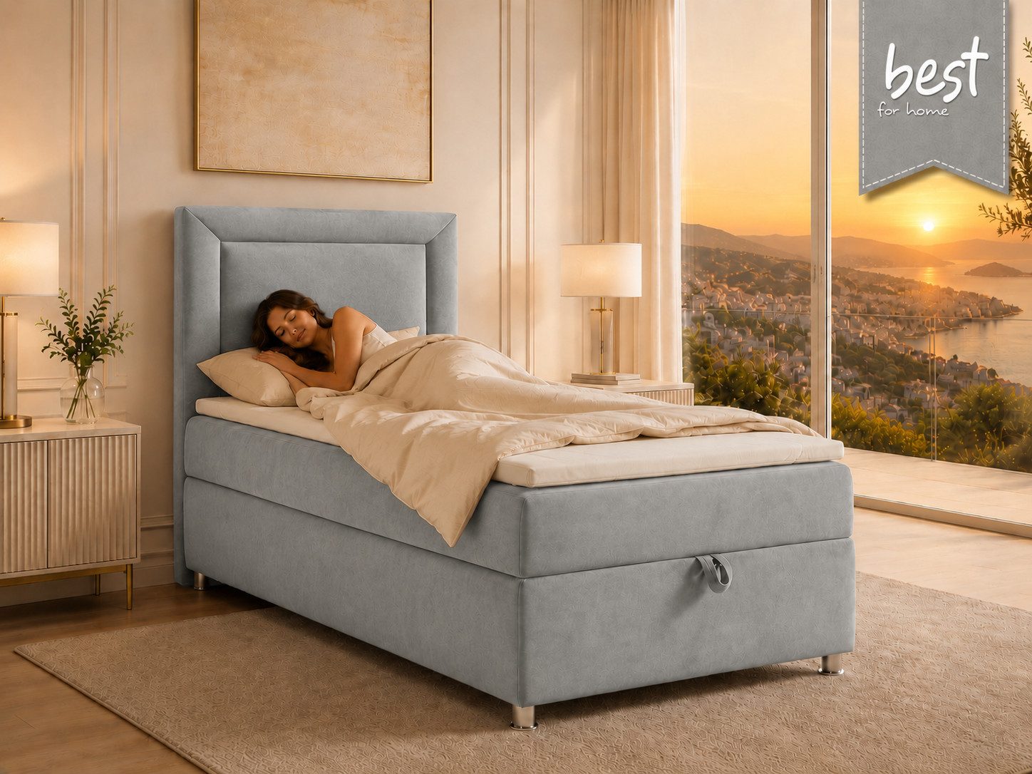 Best for Home Boxspringbett Trinity K-3 SINGLE mit Bettkasten & ca. 5 cm Topper (Einzelbett, Polsterbett mit gepolstertes Kopfteil, Jugendbett, Kinderbett versch. Größen, 3-St., 70x200 80x200 90x200 100x200 cm), Einzel-Boxspringbett mit integriertem Bettkasten