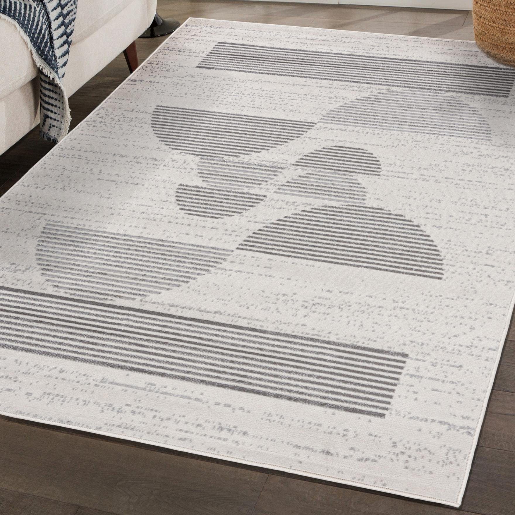 Designteppich Modern Teppich Geometrisch Creme Grau - Weich, Pflegeleich, Mazovia, 80 x 150 cm, Geeignet für Fußbodenheizung, Höhe 7 mm, Kurzflor | Alle Teppiche