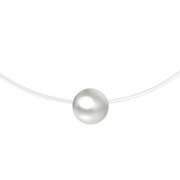 LÖB Kette mit Anhänger Kette Halskette Nylon mit Perlen 925 Silber Weiß, Damen Collier Halsband Halsnah Nylonband mit einer Perle Kugel Tropfenanhänger Schwebend Perlenkette Rund Choker Brautschmuck Braut Hochzeit Geschenke für Frauen Freundin Mama zum Valentinstag Geburtstag