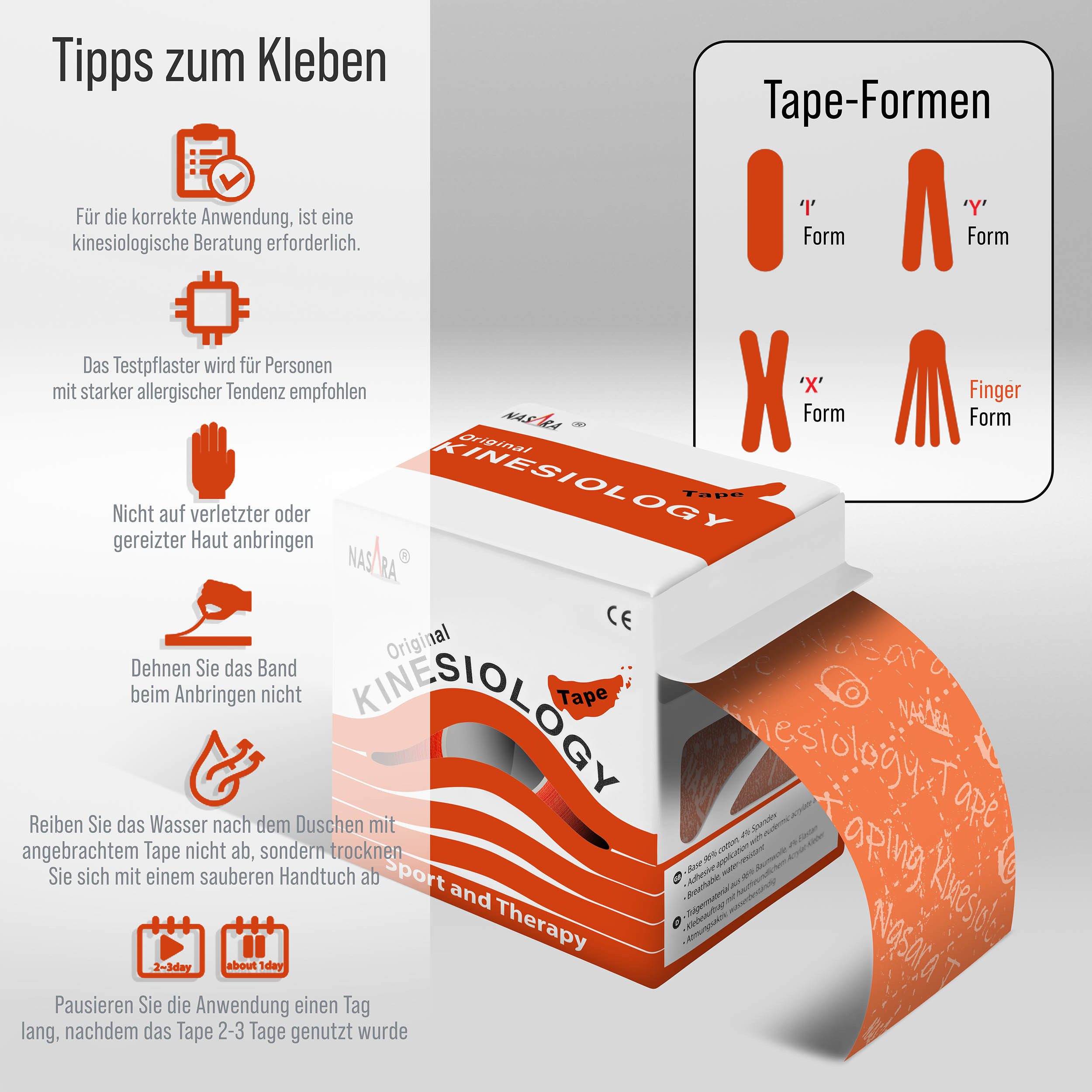NASARA Kinesiologie-Tape 5m x 5 cm Rolle Sport- und Pysiotape mit langer Haftdauer in Orange 5m x 50 mm