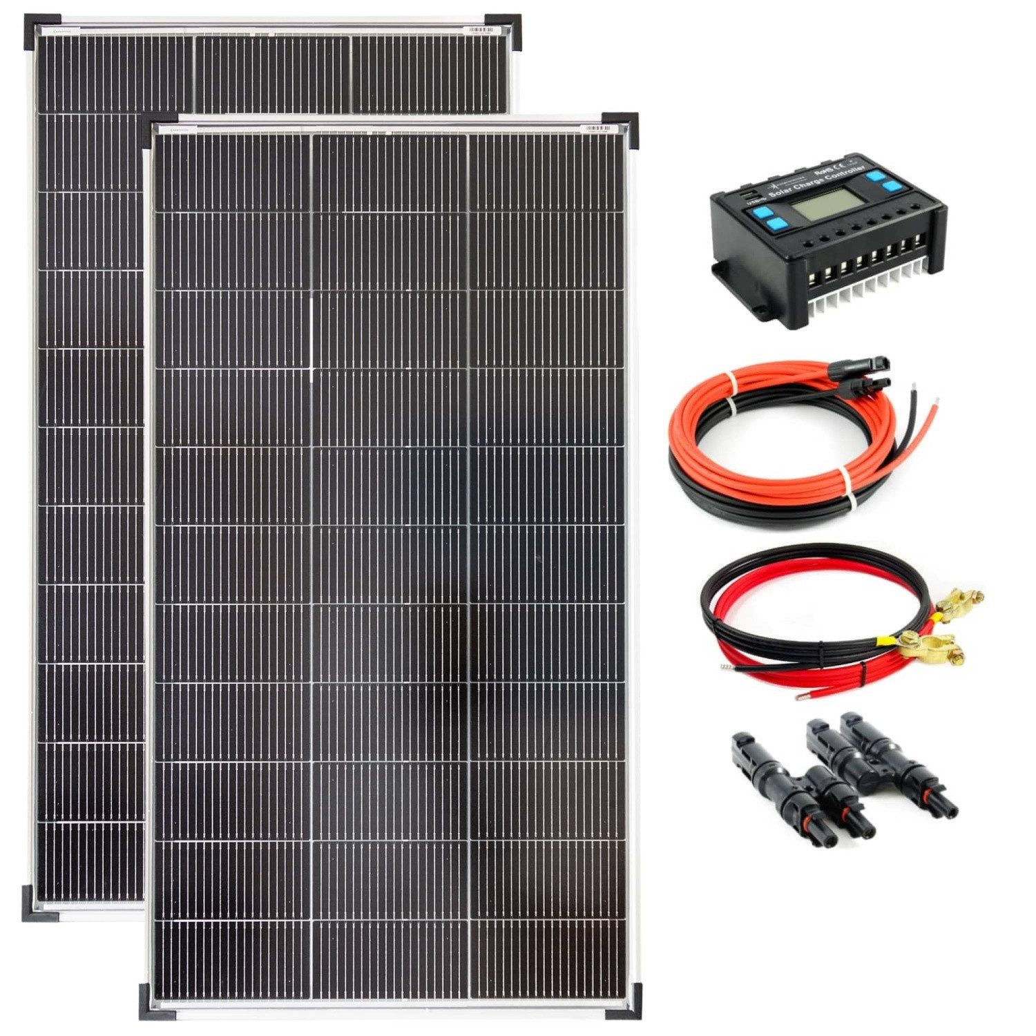 solartronics Solarmodul Set: 2x 120W Solarpanel, 20A Laderegler, Anschlusskabel, PV-Stecker, Monokristallin