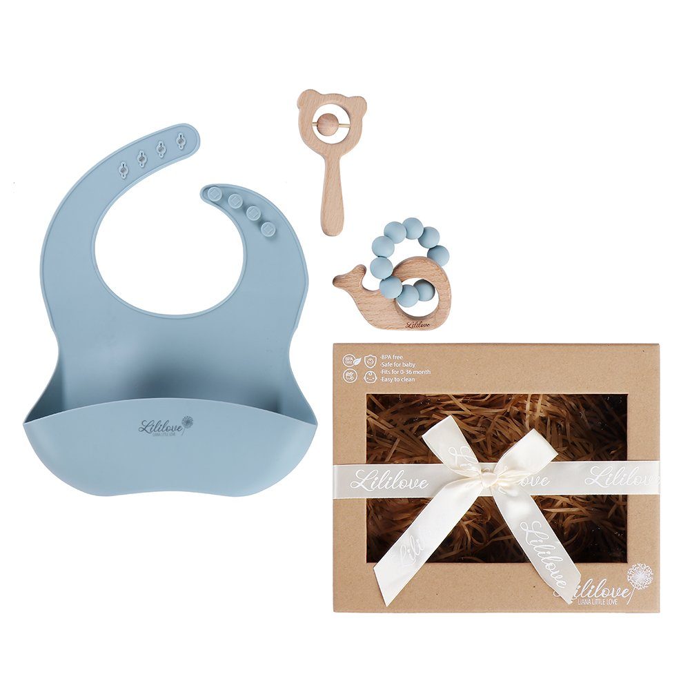 (Geschenkset, Lätzchen: New Beißring: Prince zertifiziertes Rassel Box, Little 30cm, cm, Baby Neugeborenen-Geschenkset x Geschenkset) unbehandeltes Buchenholz 22,3 Geschenkset Giftset, 6x6 born, Blue Lililove 8x6cm, BPA-free, Geschenkset, Silikon,