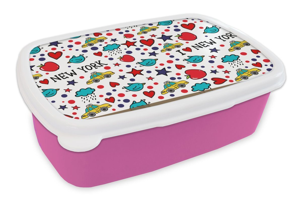 MuchoWow Lunchbox New York - Wolken - Sterne, Kunststoff, (2-tlg), Brotbox für Erwachsene, Brotdose Kinder, Snackbox, Mädchen, Kunststoff rosa