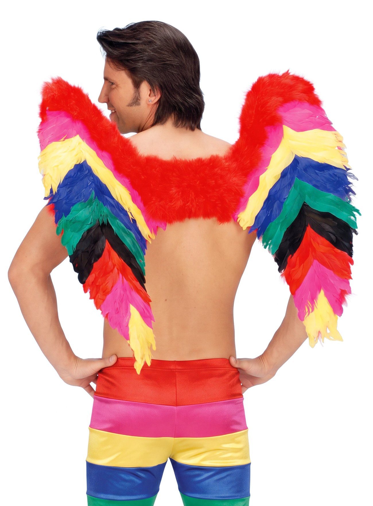 Metamorph Kostüm-Flügel Rainbow Federflügel Kostümflügel Fasching Karneval, Regenbogenfarbene Flügel mit echten Federn