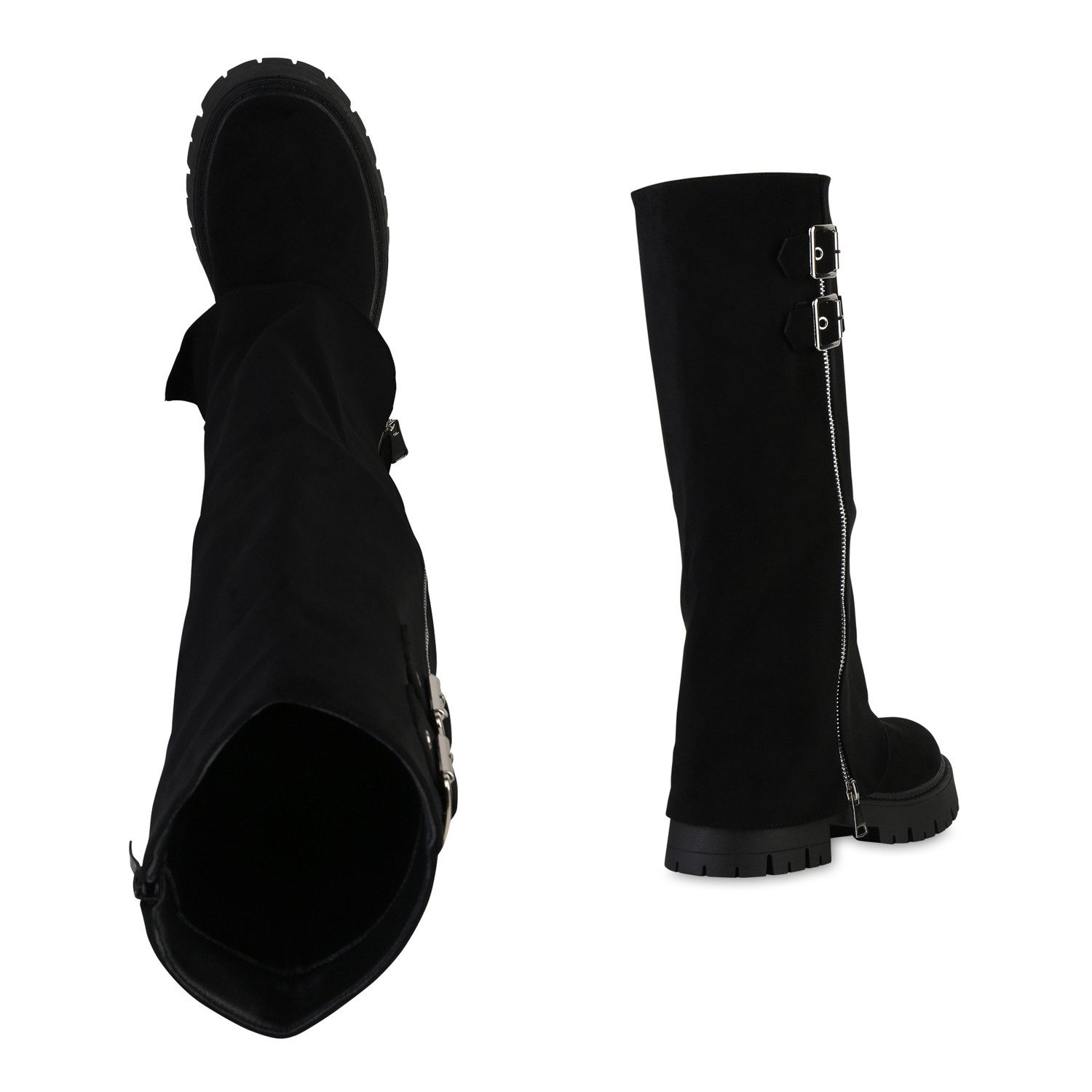 VAN HILL 841806 Stiefel Damen Bikerstiefel Stiefel Zipper Schnallen Profil-Sohle