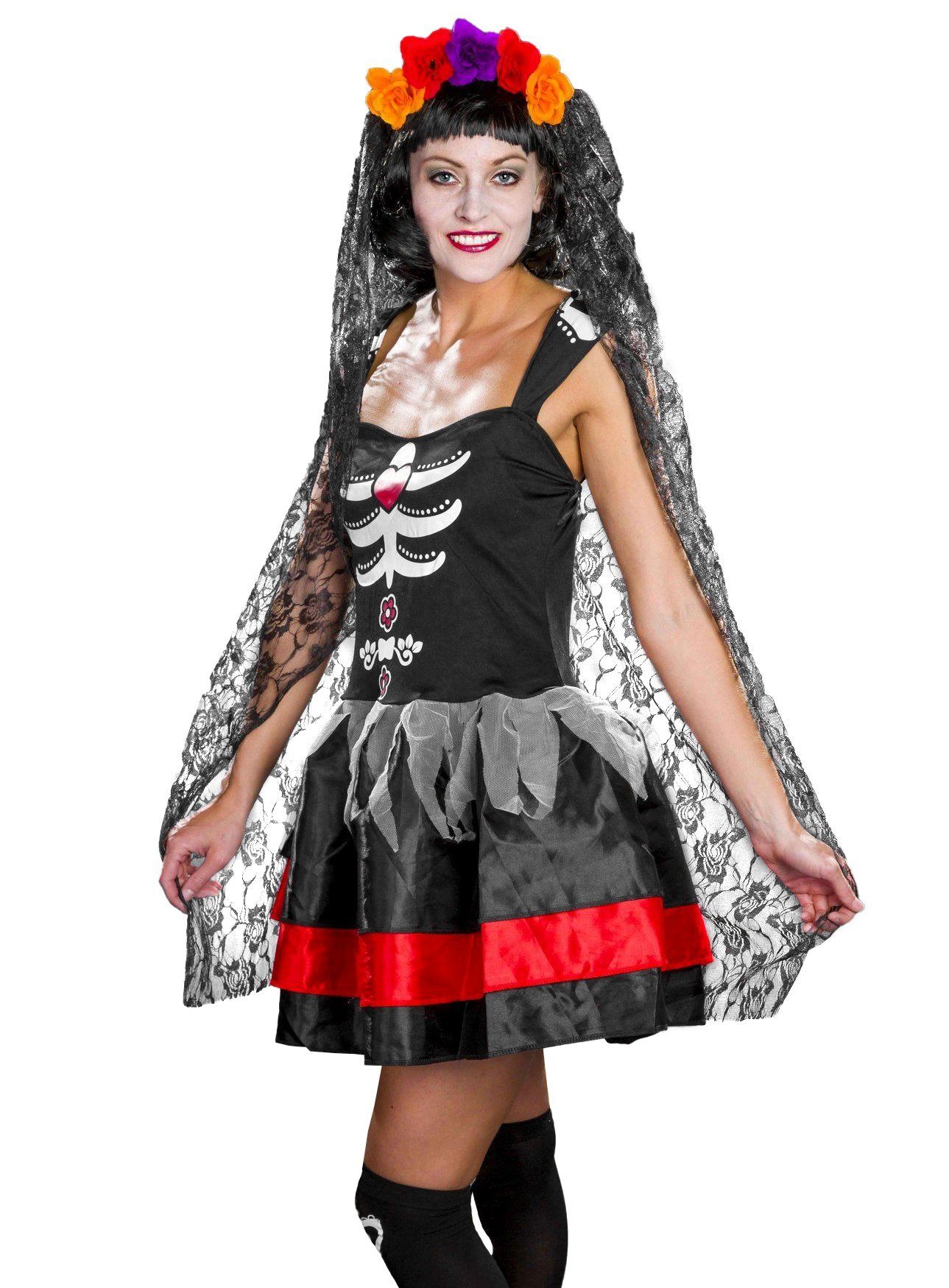 Metamorph Kostüm Dia de los Muertos Kopfschmuck mit Schleier, Catrina Haarschmuck mit schönem, langem Schleier