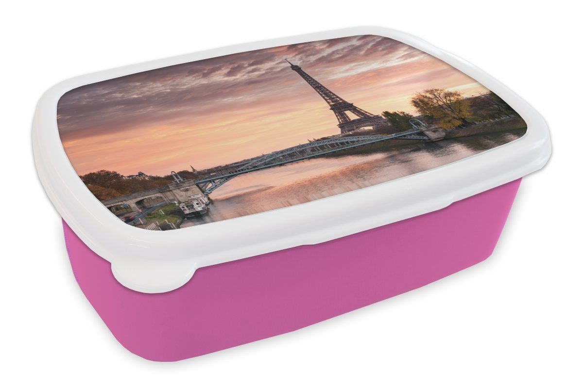 in Kunststoff MuchoWow Kinder, Mädchen, wunderschöner über Brotbox Kunststoff, dem Himmel Erwachsene, (2-tlg), orangefarbener rosa Eiffelturm Brotdose Snackbox, Lunchbox für Paris, Ein