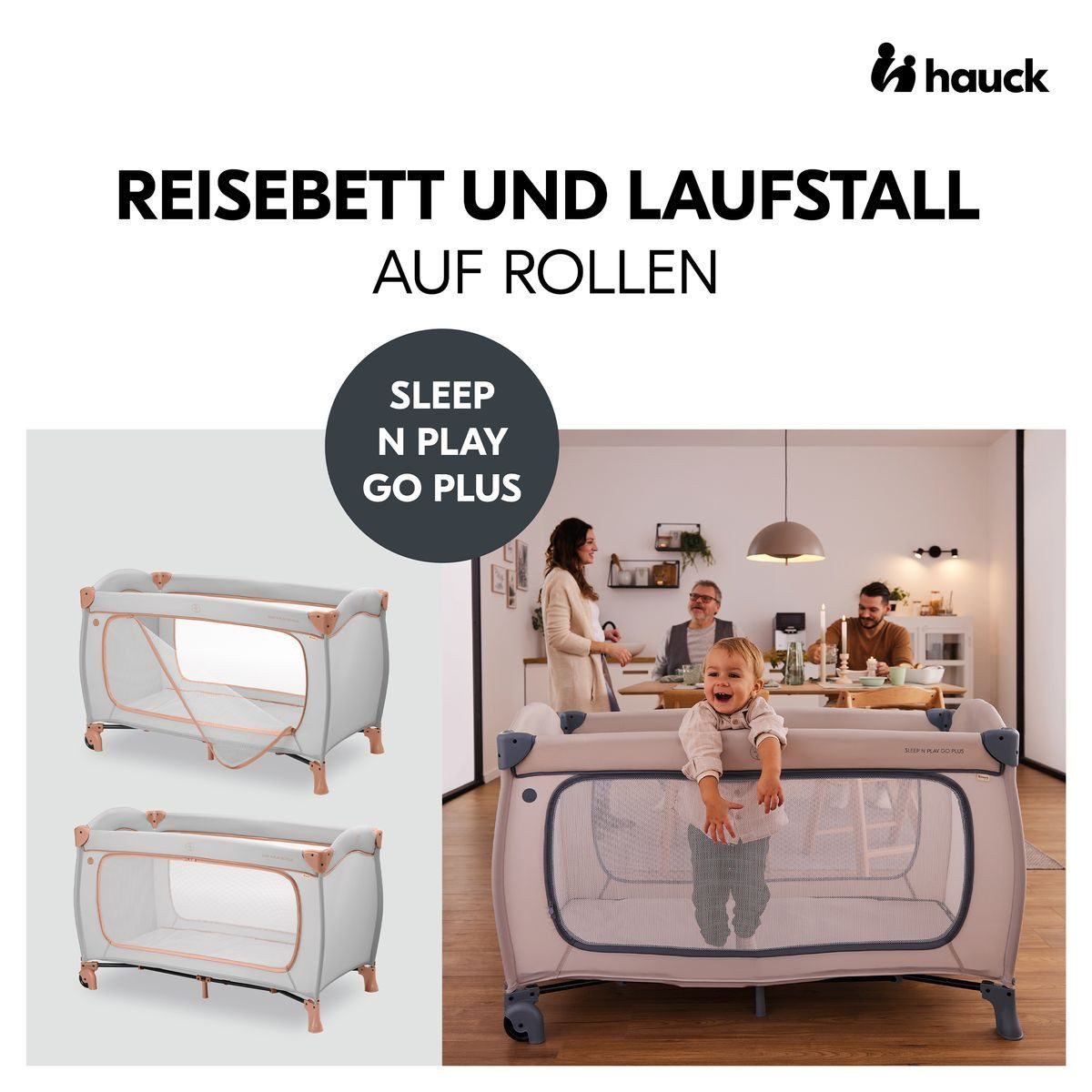 Hauck Baby-Reisebett Sleep N Play Go Plus Set - Dusty Cork, Baby Kinder Reisebett mit Eingang, Matratze, Insektenschutz & Rollen