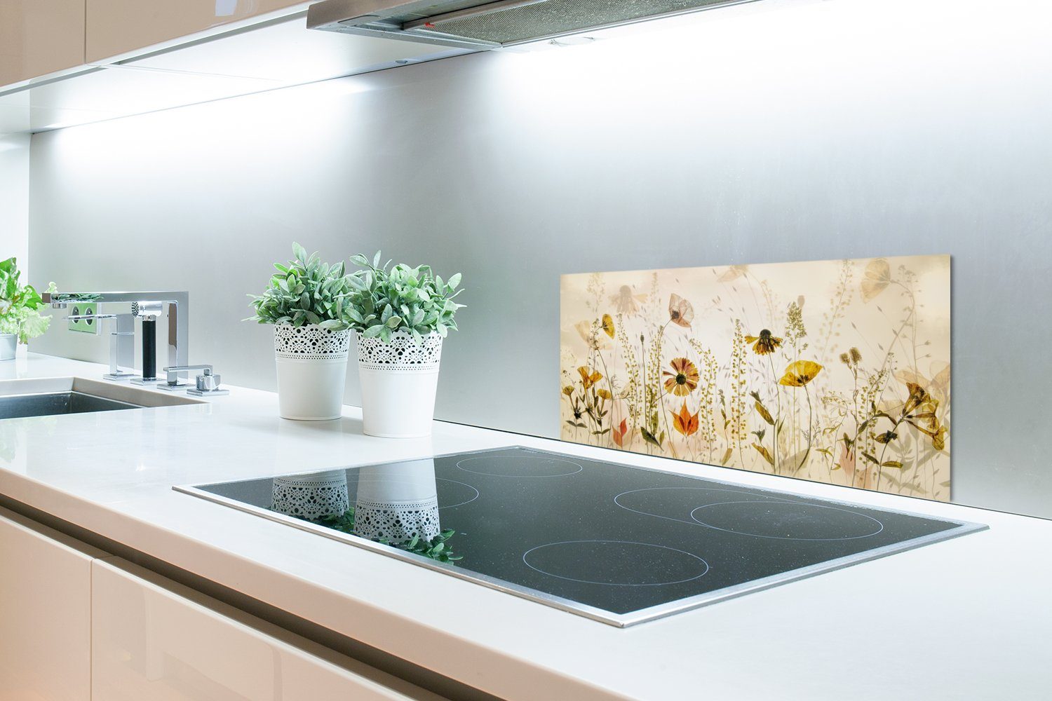 MuchoWow Küchenrückwand Fett und cm, Beige, - Küchen Illustration Insekten - Wandschutz, (1-tlg), - gegen Schmutzflecken für 60x30 Pflanzen