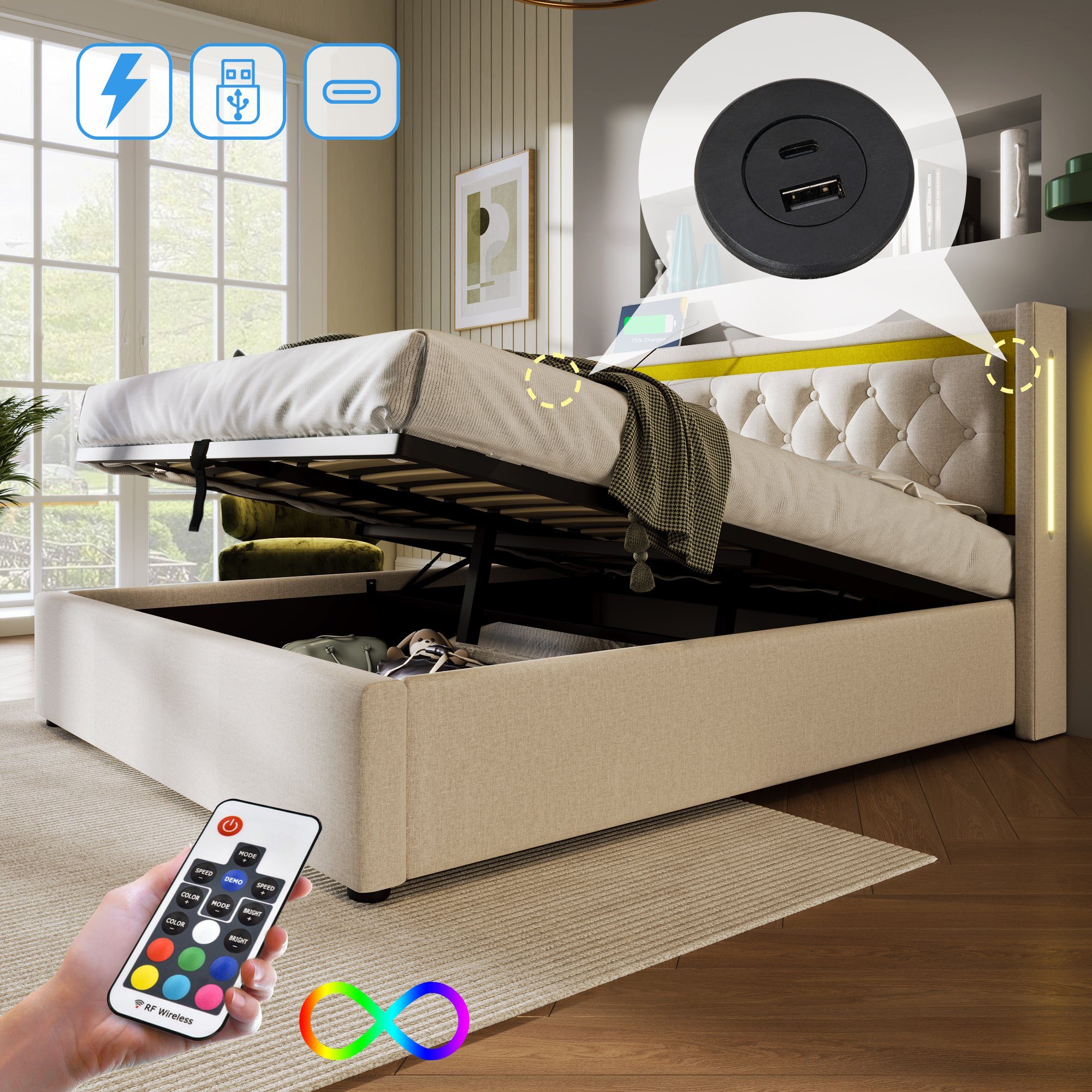 Flieks Polsterbett, Hydraulisches Doppelbett 160x200cm mit Ladefunktion und günstig online kaufen