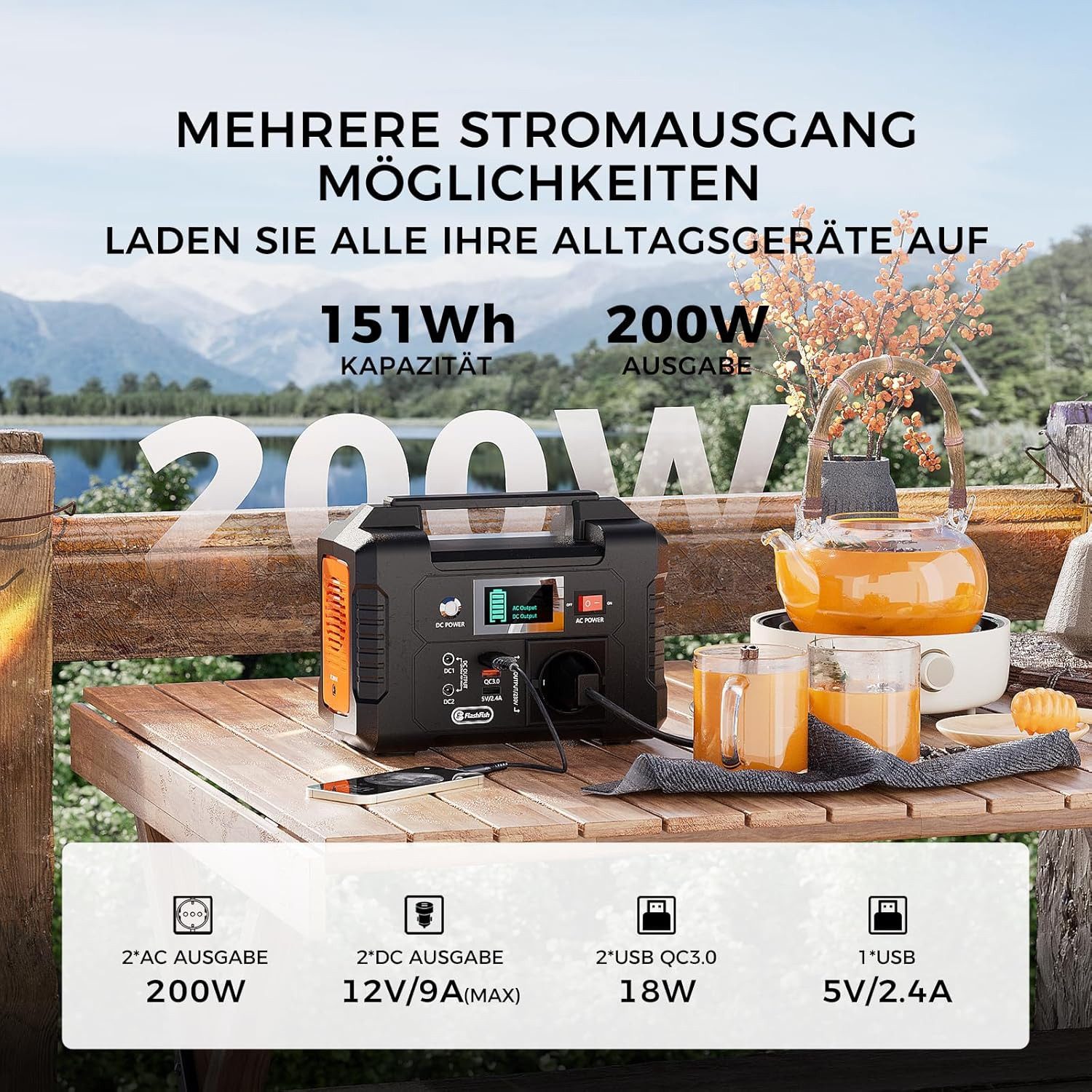 Flashfish Stromerzeuger Powerstation 200W, 151Wh Stromgenerator Solar, AC-Ausgang 230V, 0,2 in kW, (E200), für Camping,Abenteuer und Notfälle