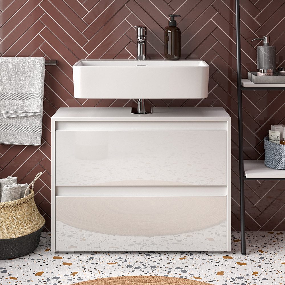 Vicco Waschbeckenunterschrank Majest, Weiß/Weiß Hochglanz, 80.1 x 62 cm mit 2 Schubladen (1-St)