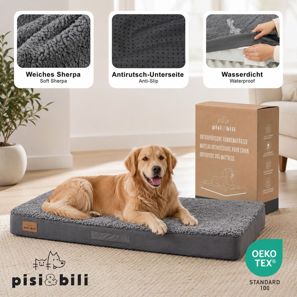 Pisi & Bili Hundebett, orthopädisch Hundekissen für kleine große Hunde, Zubehör, Polyester Sherpa-Fleece, waschbar, wasserdicht