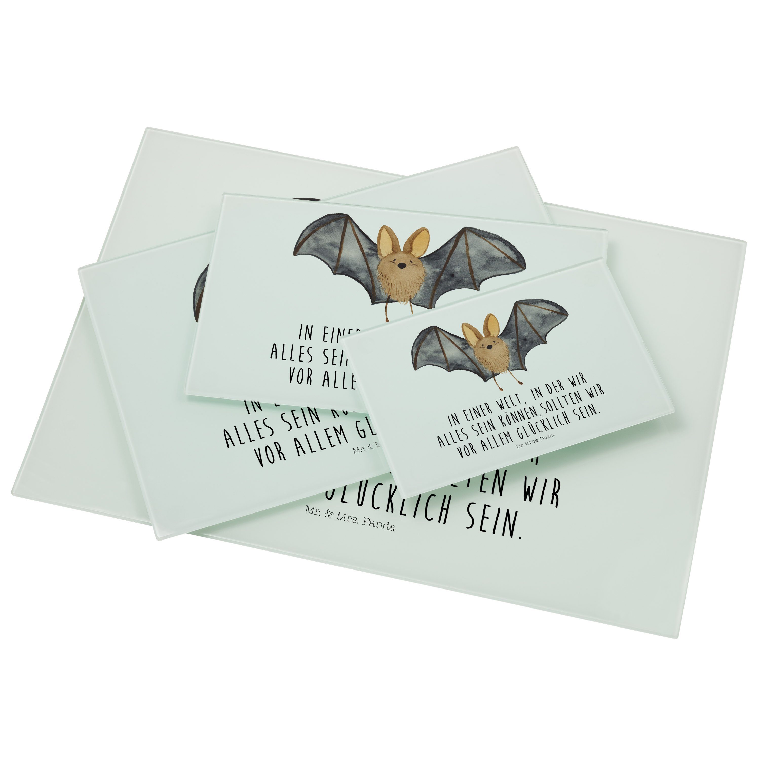 Mr. & Mrs. Panda (1-St) Fledermaus Flügel lusti, - Geschenk, Tiermotive, Weiß - Schneidebrett, Premium Servierbrett Glas