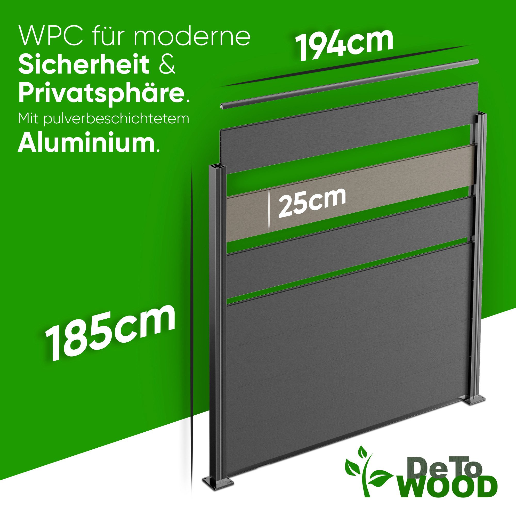 Detowood GmbH Gartenzaun Gartenzaun WPC Zaun Royal Plus Anthrazit-Steingrau Einbetonieren, (Komplettset, Komplettset inklusive Zaunpfosten und Montagezubehör), Stabile Bauweise durch Zaunpfosten aus Aluminium