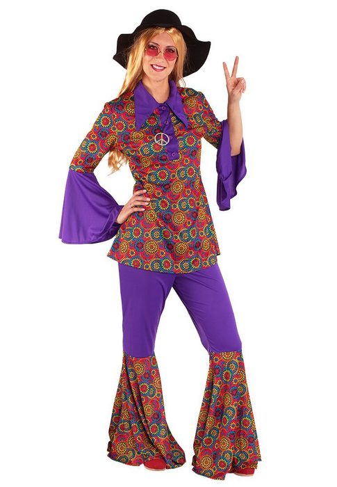 Karneval-Klamotten Hippie-Kostüm Damenkostüm 60er Jahre Flower Power Retro Anzug lila-bunt mit Kragen Hippie-Hemd und Schlaghose