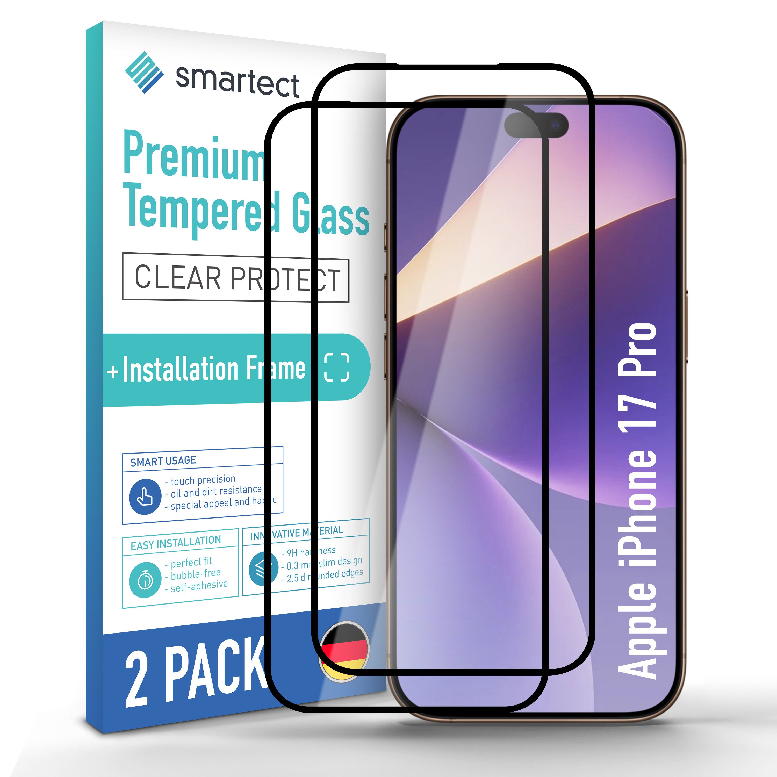 smartect Displayschutzglas Schutzglas Panzerfolie Full Screen für Apple iPhone 17 Pro, Set, 2 Stück, Schutzfolie Glasschutz inkl. Anbringhilfe