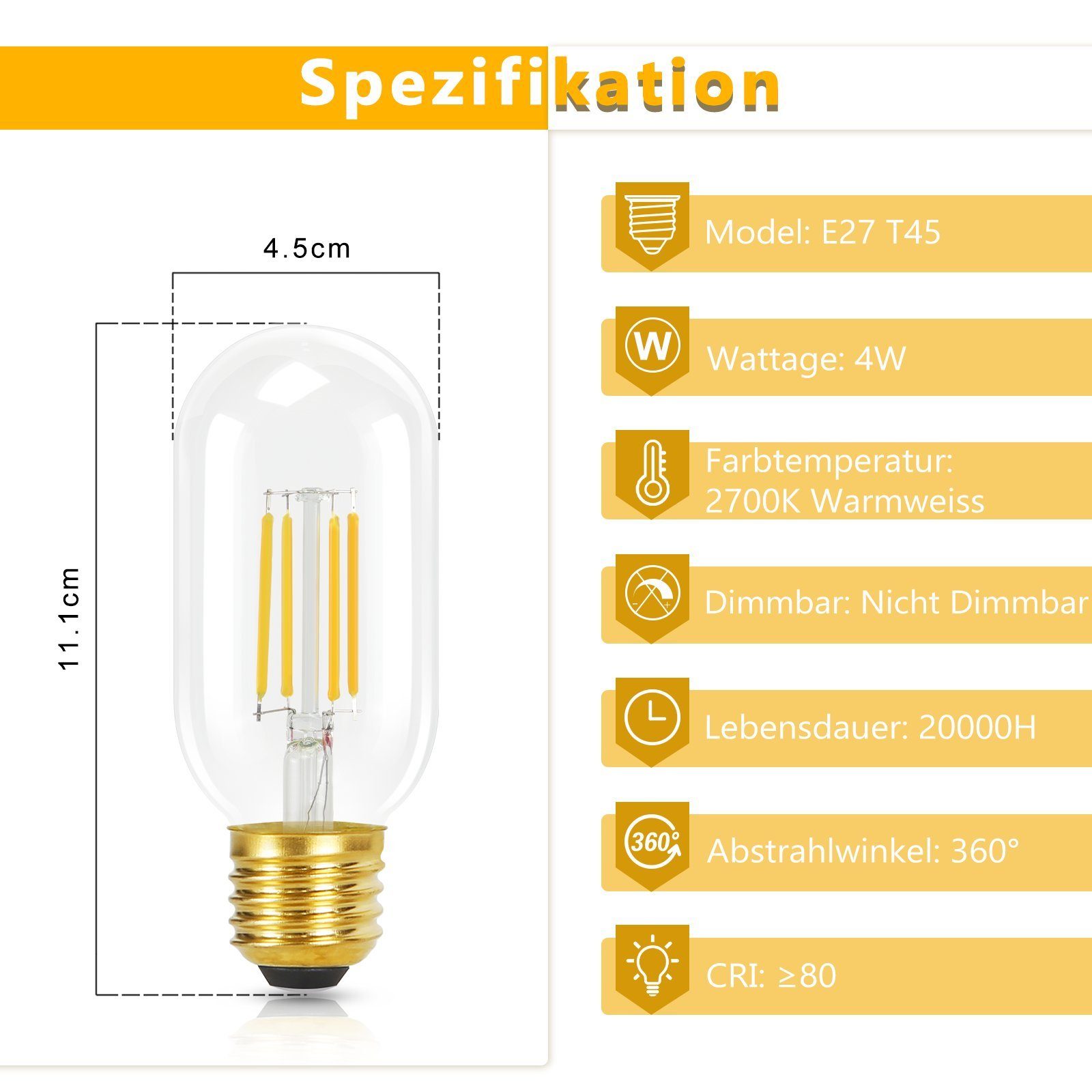E27, 2700K, Birnen LED-Leuchtmittel LED Lampe Warmweiss E27 St., Warmweiss Glühbirnen Edison 4 4W Vintage Nettlife Transparente T45