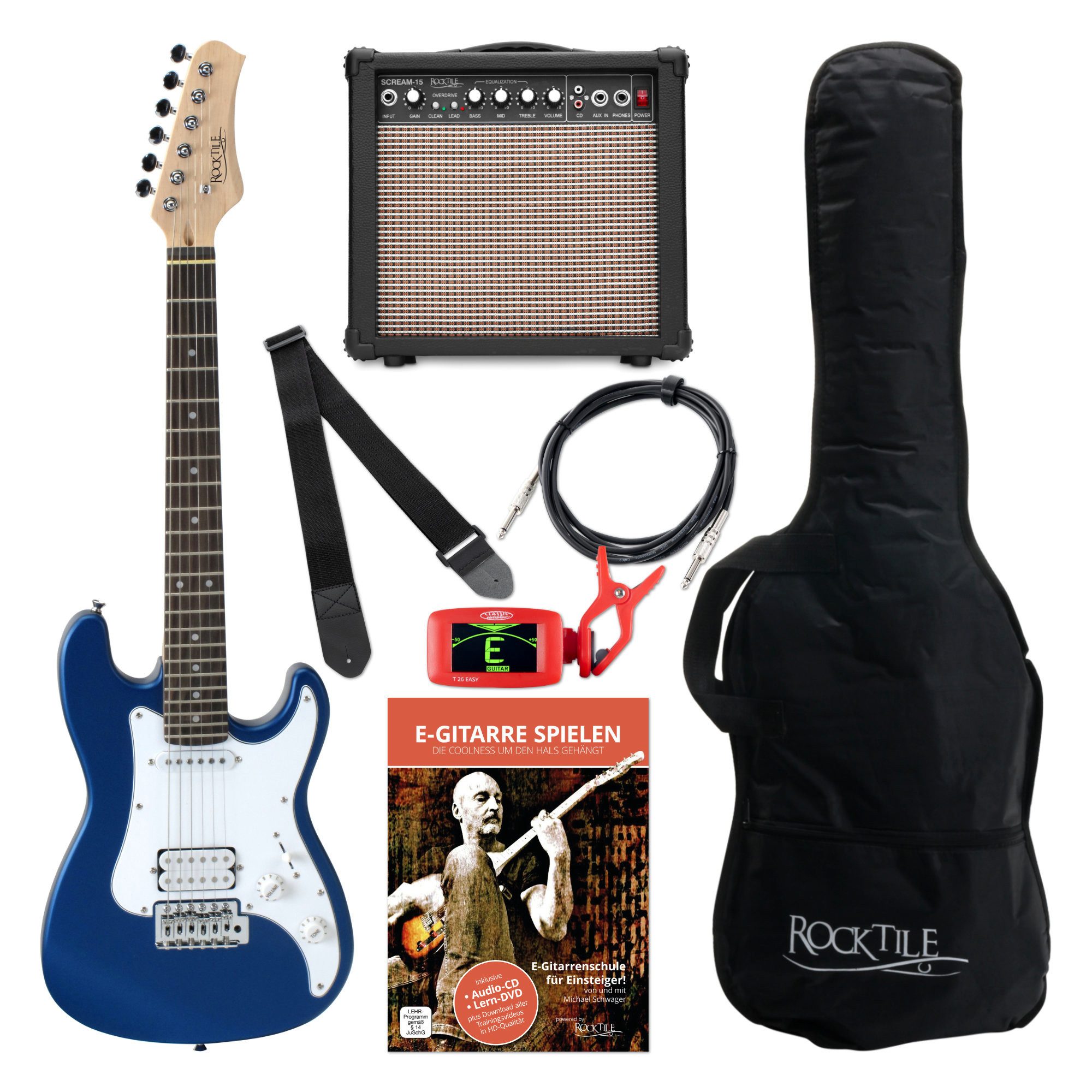 Rocktile E-Gitarre Sphere Junior elektrische Gitarre für Kinder, inkl. Verstärker, Kabel, Gurt und Schule mit CD/DVD