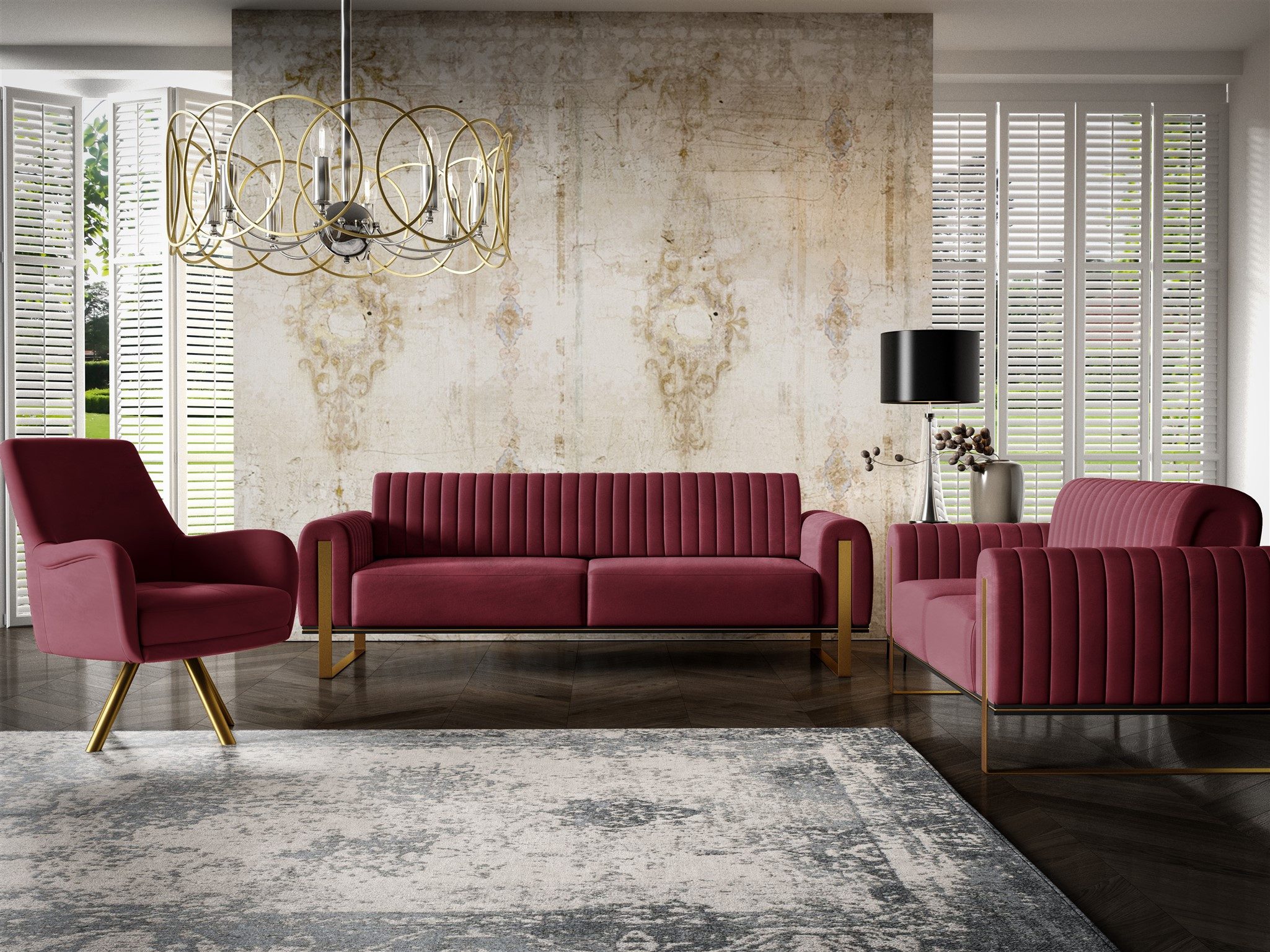 Fun Möbel Polstergarnitur Sofaset Designersofas VALERIE 3-2-1 in Stoff Elisa Velvet, (3-tlg., 2 Sofas und 1 Sessel), Rückenlehne verstellbar, Drehbarer Sessel, Rundumbezug