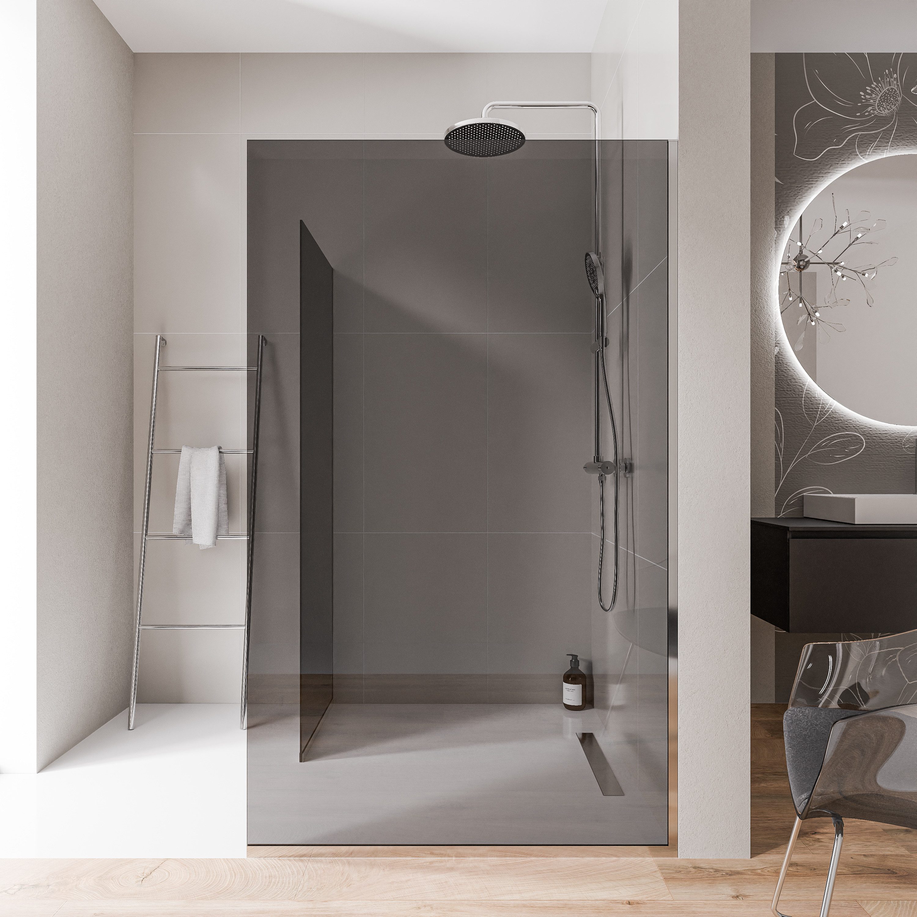Bernstein Walk-in-Dusche EX102, Einscheibensicherheitsglas (ESG), (2 tlg., Mit Bodenprofil), Graues Glas, 10 mm, Mit Bodenprofil, Profil Chrom