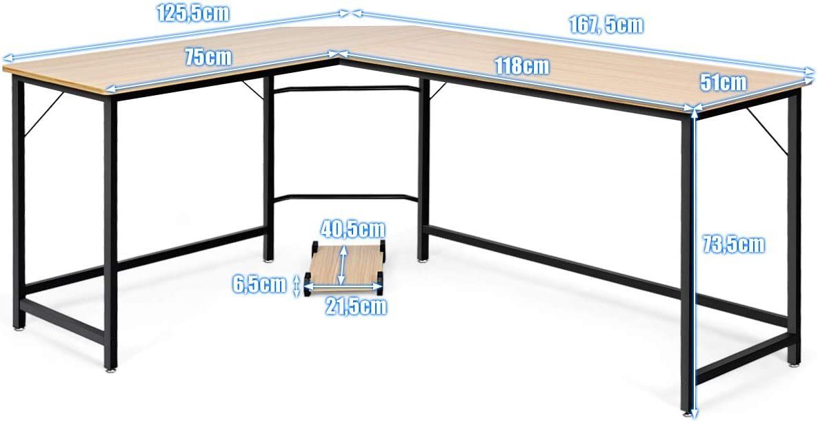 in Tisch, L-Form, 167,5x125,5x73,5cm Eckschreibtisch Gaming Computertisch KOMFOTTEU Natur