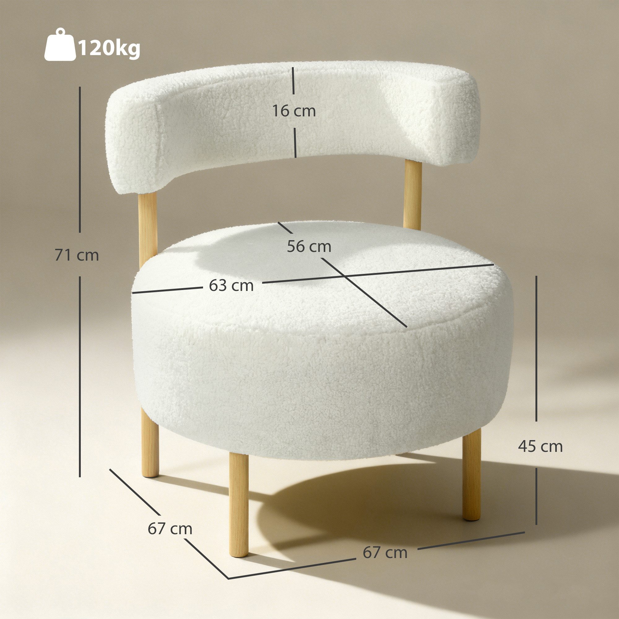 HOMCOM Sessel Loungesessel Lesesessel mit Sherpa-Fleece, Metallbeinen in Holzoptik (Relaxsessel, 1-St., Polstersessel), für Wohnzimmer, Schlafzimmer, Cremeweiß – Bild 3 von 5
