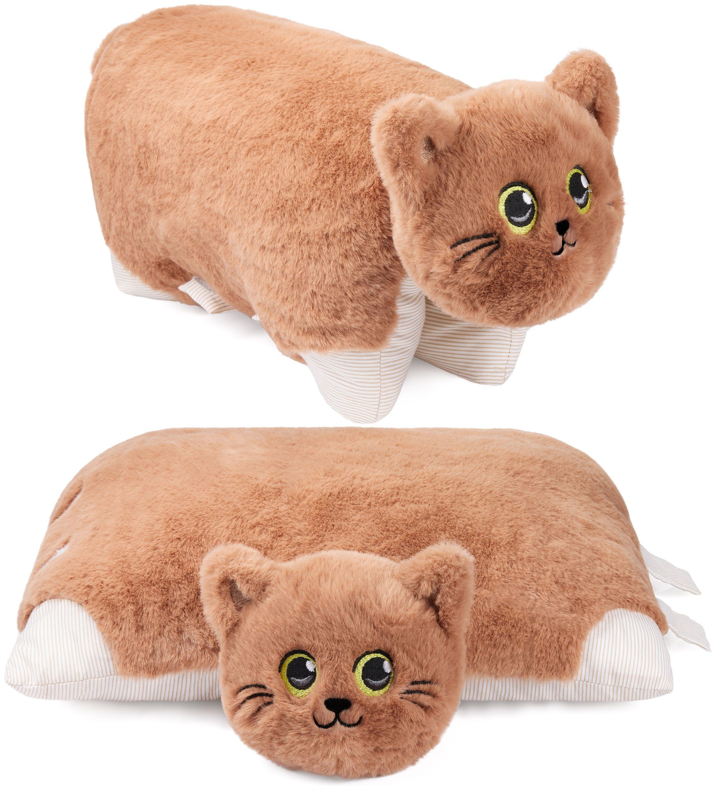 BRUBAKER Kuscheltier Katze - 2 in 1 Plüschtier und Kuschelkissen - 40 x 30 cm Kuschelkatze (Stofftier, 1-St., Tierkissen Katzenkissen), aufklappbares Kinder Plüschkissen mit Klettverschluss Braun