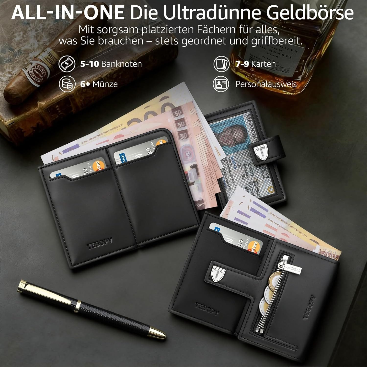 Ophy Geldbörse Herren Portemonnaie Set – Slim Wallet mit RFID-Schutz & Münzfach (Kugelschreiber + Manschettenknöpfe), für 10 Karten – Premium Geschenkset – Bild 3 von 5