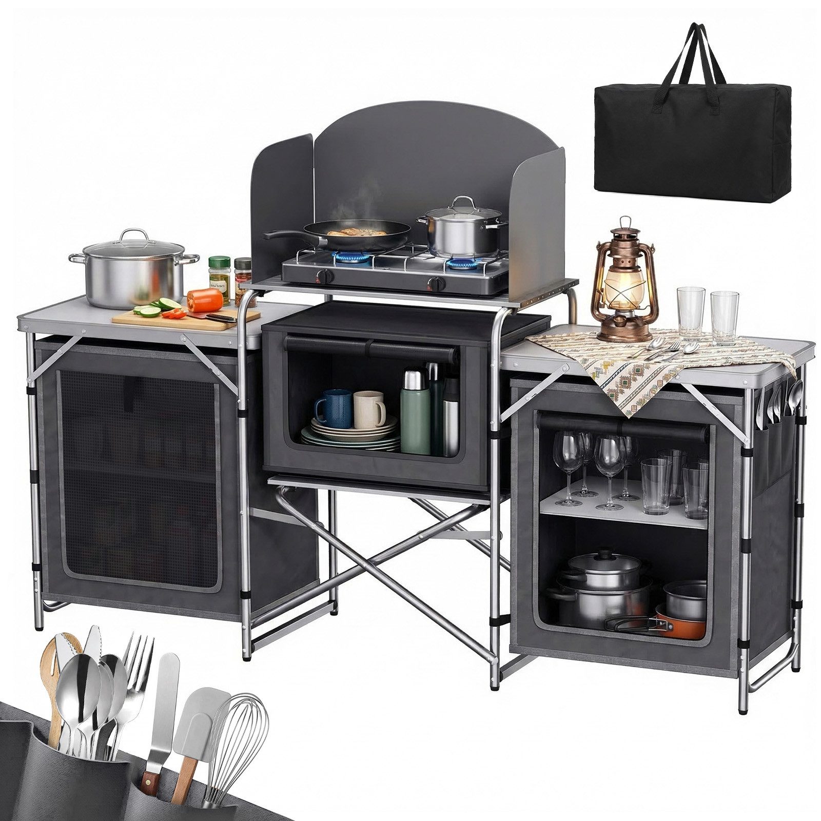 Sekey Campingtisch Klappbar Campingschrank XXL Faltbar Campingküche mit Aluminiumgestell, inkl. Windschutz und Tragetasche, mit Arbeitsplatte und 5 Staufächern