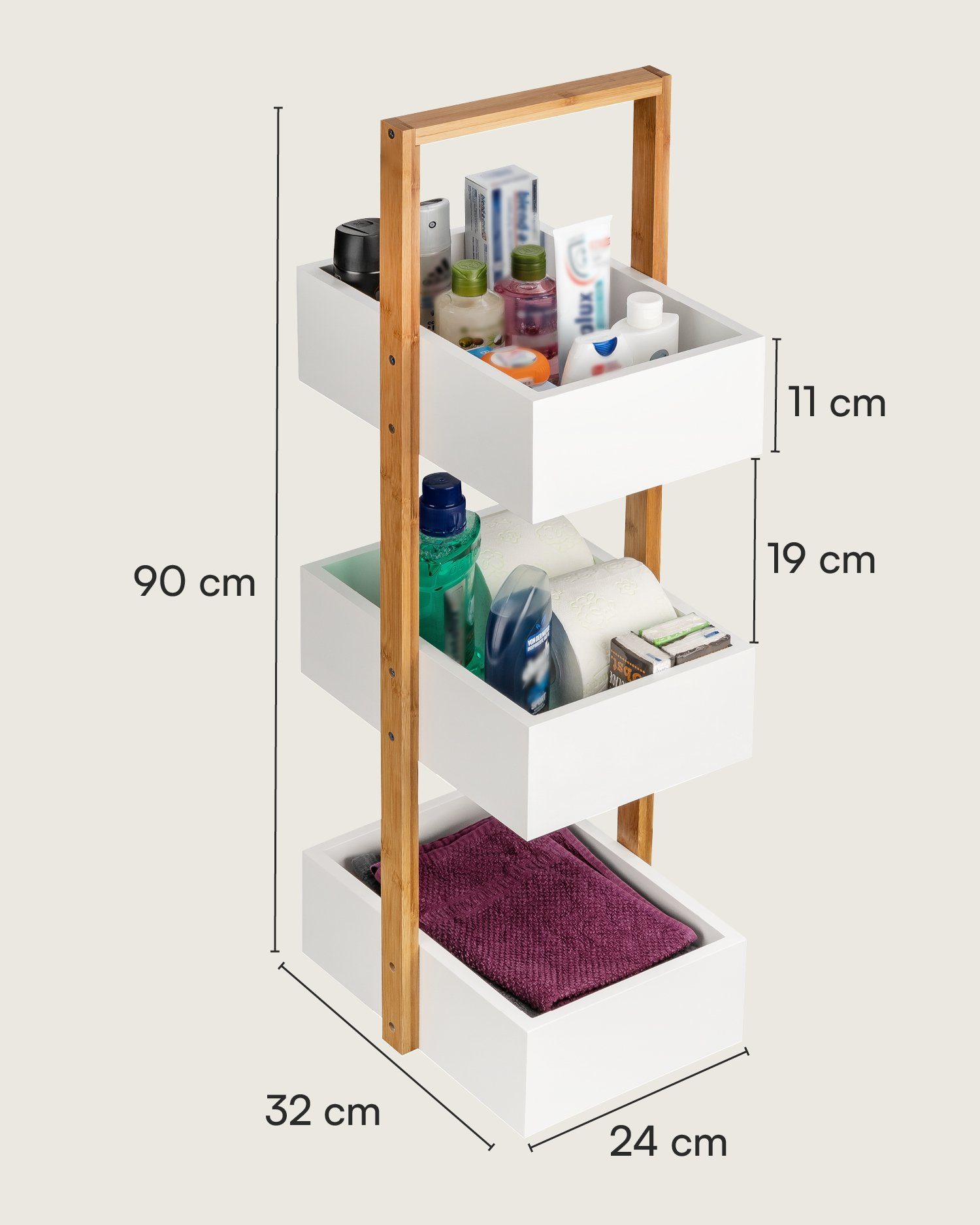 shelfmade Badregal Schmales Badregal Standregal Küchenregal mit 3 Ablagefächern