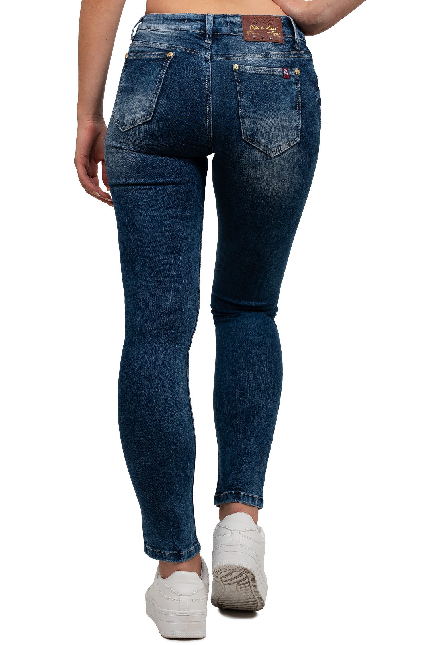Cipo & Baxx Slim-fit-Jeans Damen Slim Fit Hose Stonewashed BA-WD461 Figurbetonter Slim Fit-Schnitt