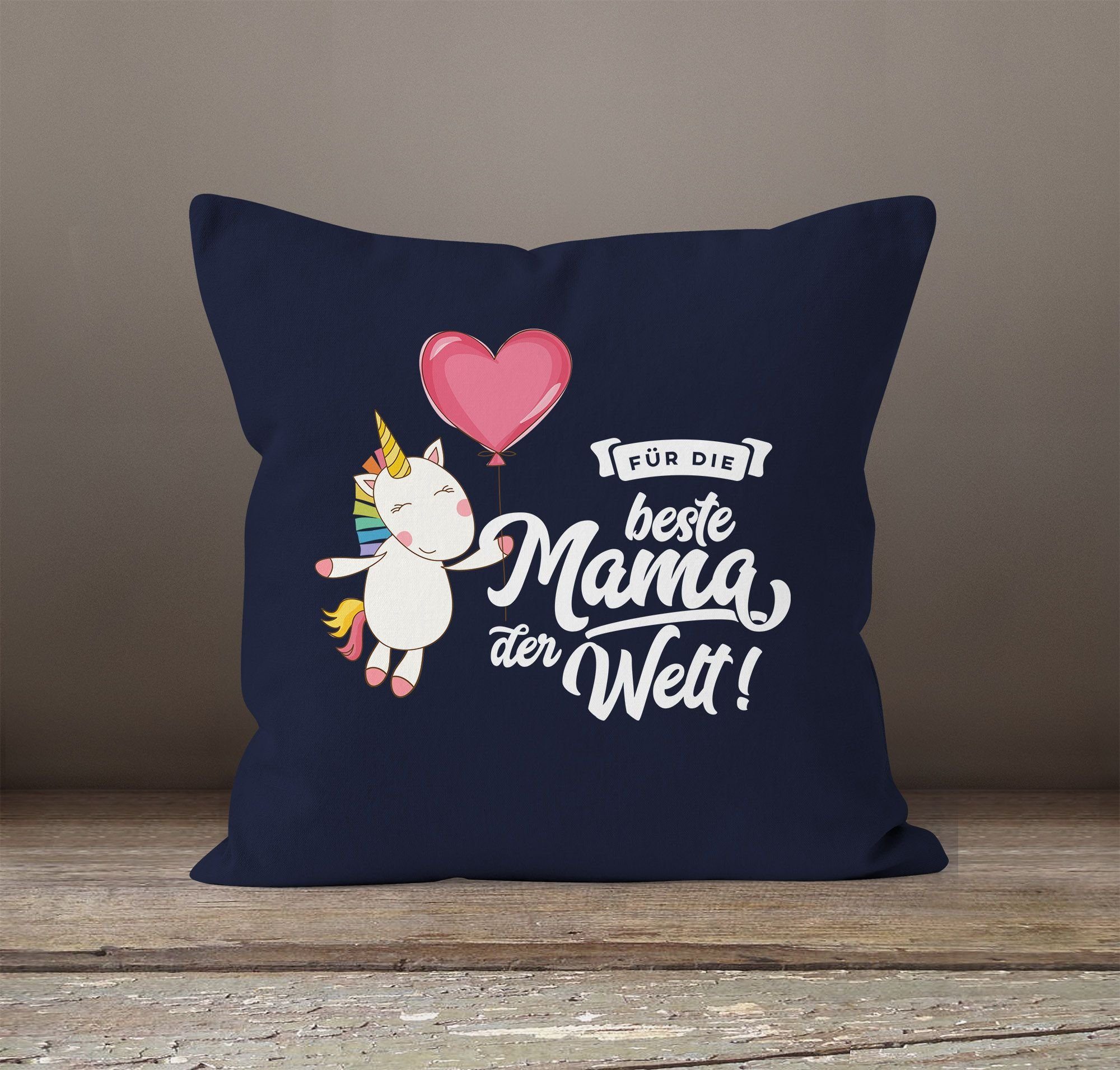 Mother`s MoonWorks® Day Mama Dekokissen der Unicorn MoonWorks navy 40x40 Baumwolle Kissenbezug Welt Muttertag Beste Einhorn