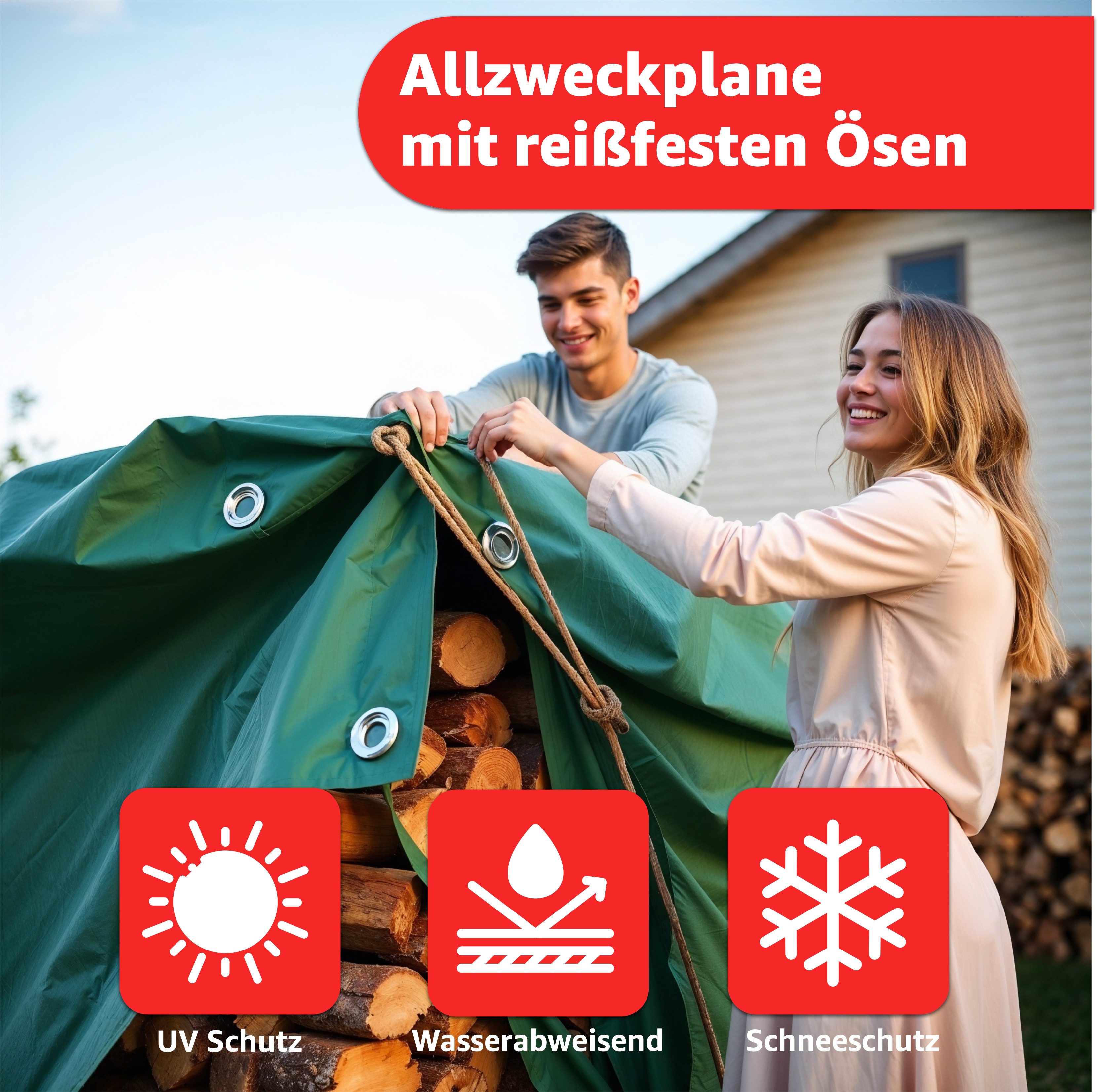 PlaneEasy.® Schutzplane Schutzplane grün – wasserdichte Gewebeplane 200g/m² (Packung, Abdeckplane mit Ösen), wasserdichte Outdoor-Abdeckung, 4x8m