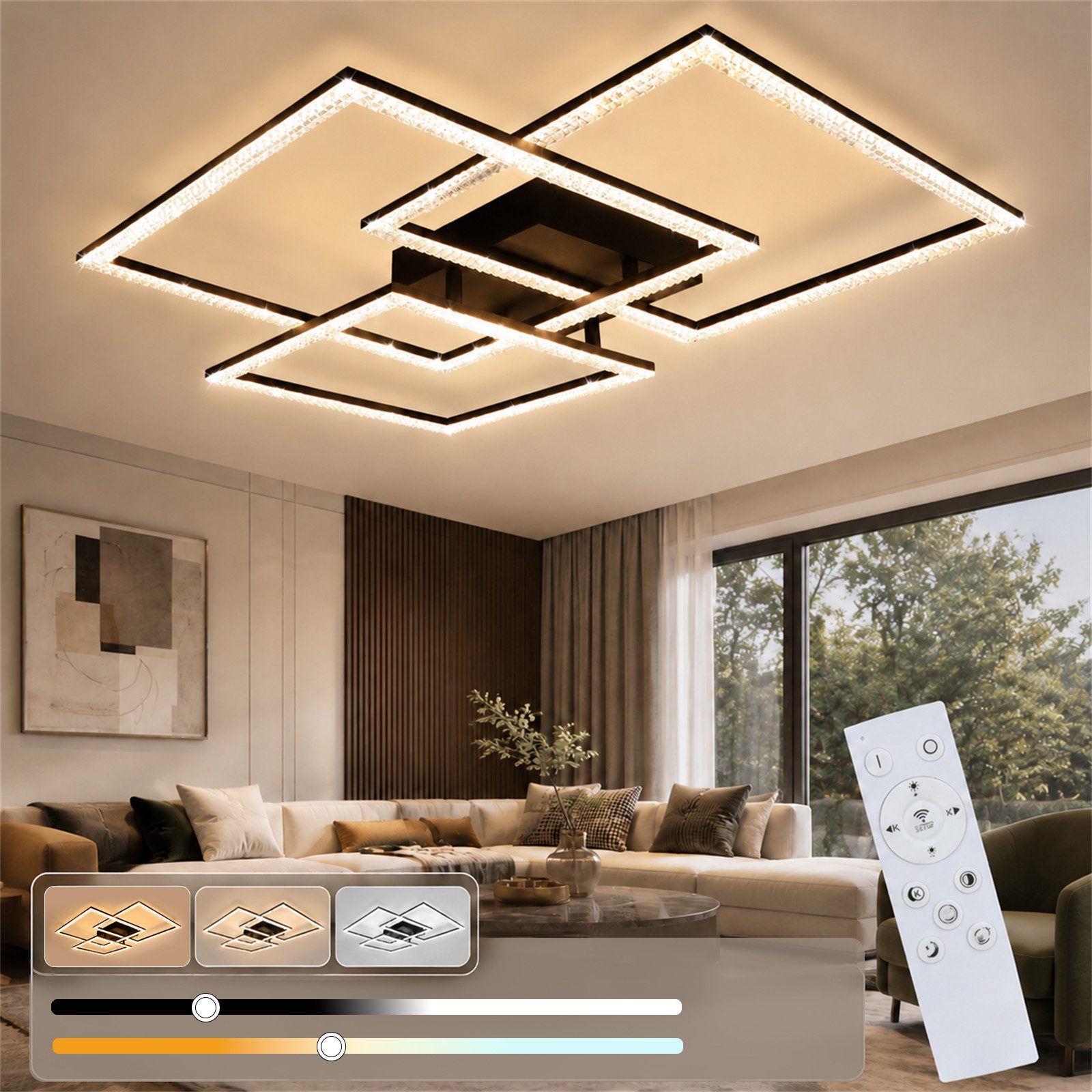 Nettlife LED Deckenleuchte Schwarz/Weiß 3 quadratische Paneel Kristall LEDs, LED fest integriert, Warmweiß Neutralweiß Kaltweiß, für Schlafzimmer, Büro, Küche