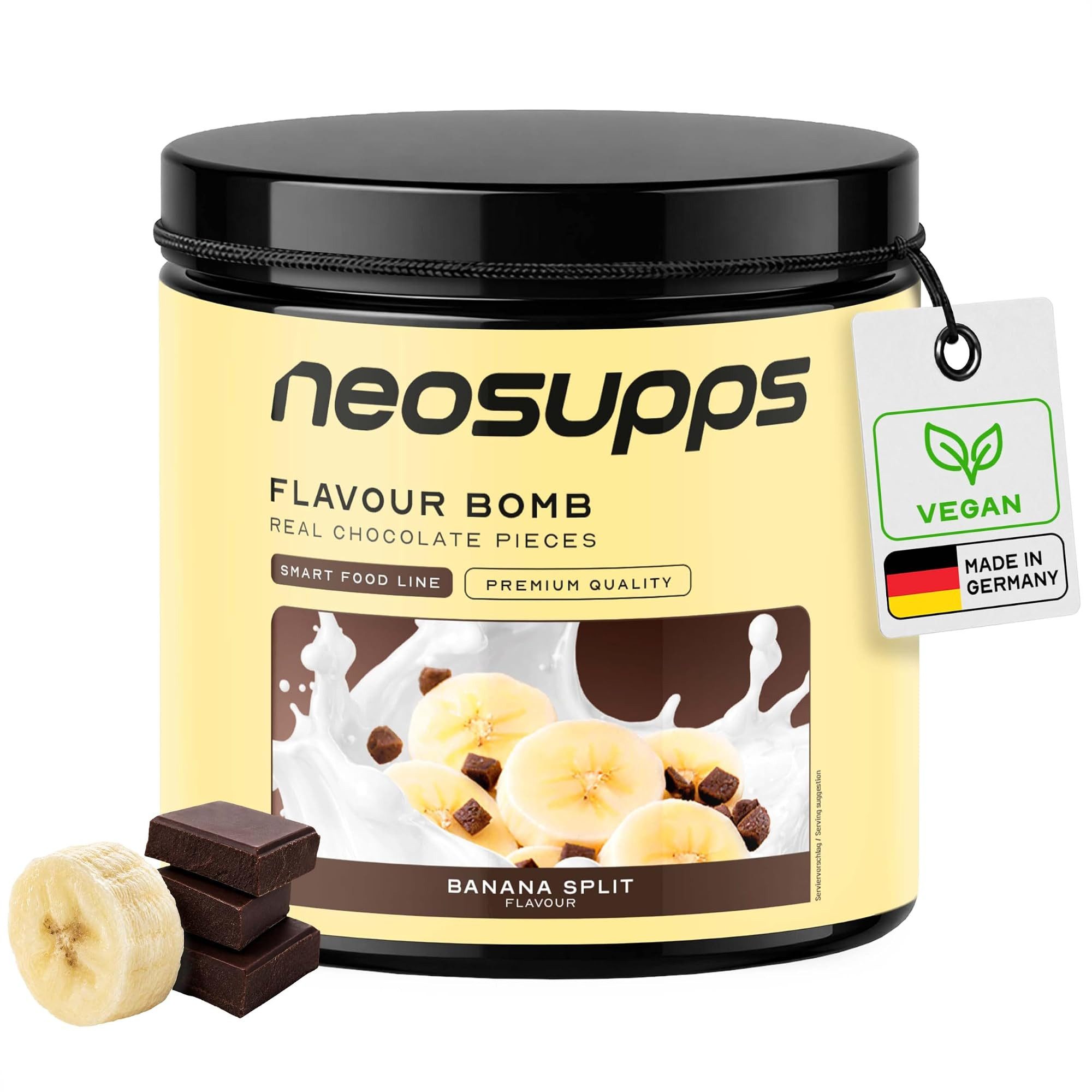 Neosupps Geschmackspulver, Banana Split, 250g, Kalorienarm & zuckerreduziert Pulver, 250 g, einsetzbar für Lebensmittel & Getränke, geprüfte Qualität