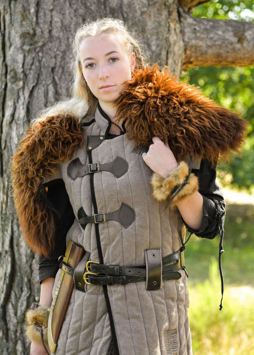 Battle Merchant Wikinger-Kostüm Mittelalter Gambeson Used-Look, braun – schwarz „Vari“