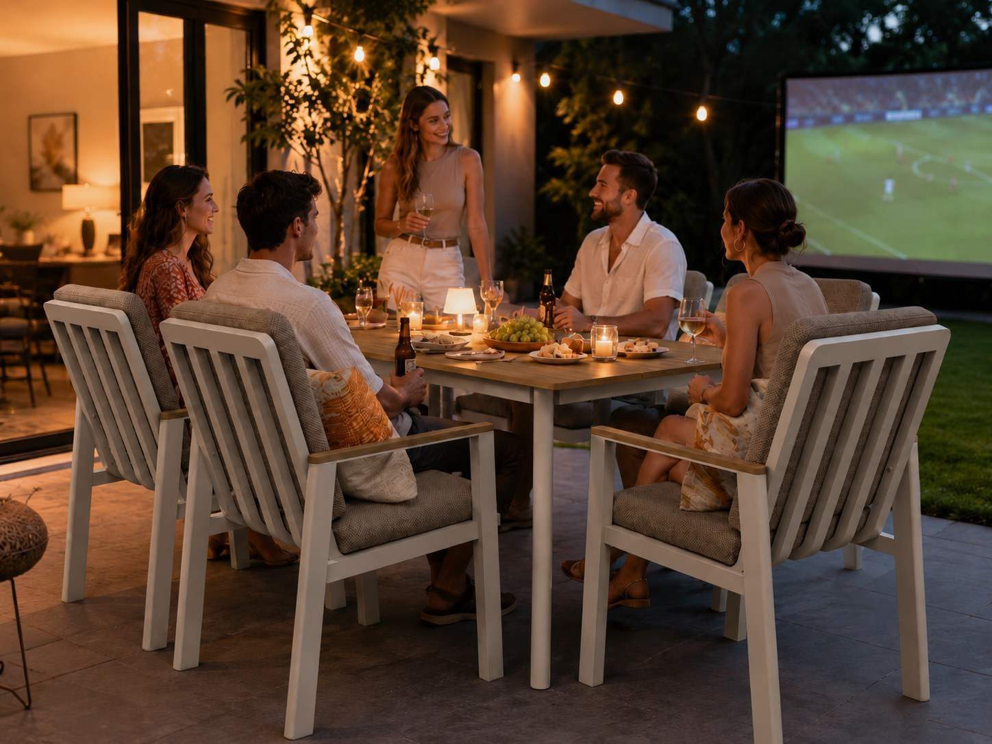 MeXo Gartenlounge-Set Garten Essgruppe für 6 Personen, (Gartenmöbel-Set aus Aluminium, 7-tlg., mit ergonomischen Sesseln inkl. Kissen), Belastbarkeit pro Sitzplatz 140 kg