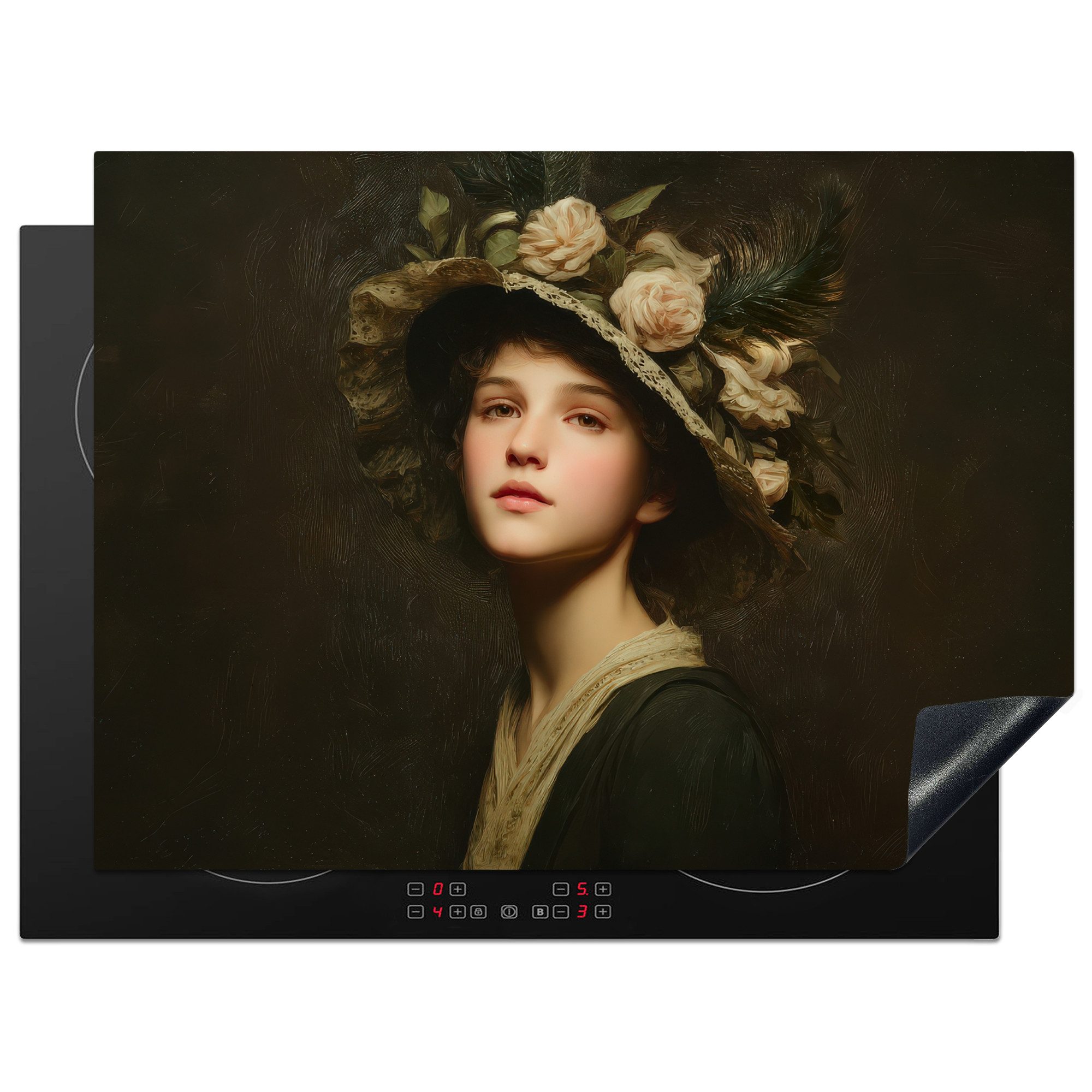 MuchoWow Herd-Abdeckplatte Blumenhut - Porträt - Frau, Vinyl, (1 tlg), Küche Herdabdeckung Ceranfeld Induktionsfeld Vinyl, 65x50 cm