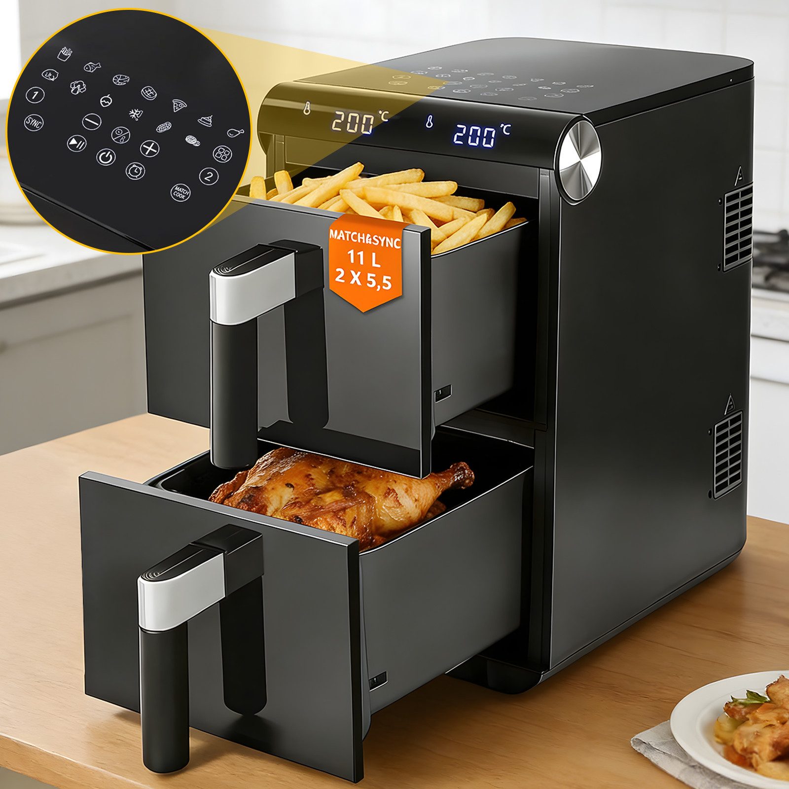 Nettlife Heißluftfritteuse Air fryer 2 unabhängigen Kammern 11L Gesamtvolumen 13-in-1 Doppelzonen-Funktion, 2800 W, Automatische Abschaltung Dual Zone Temperatursteuerung Timer