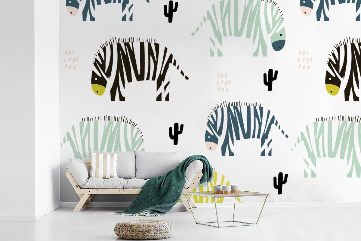 Kaktus Vinyl Wallpaper - Tapete bedruckt, MuchoWow Matt, Fototapete Weiß, Wohnzimmer, - für (6 Schlafzimmer, Kinderzimmer, Zebra - Farben St),