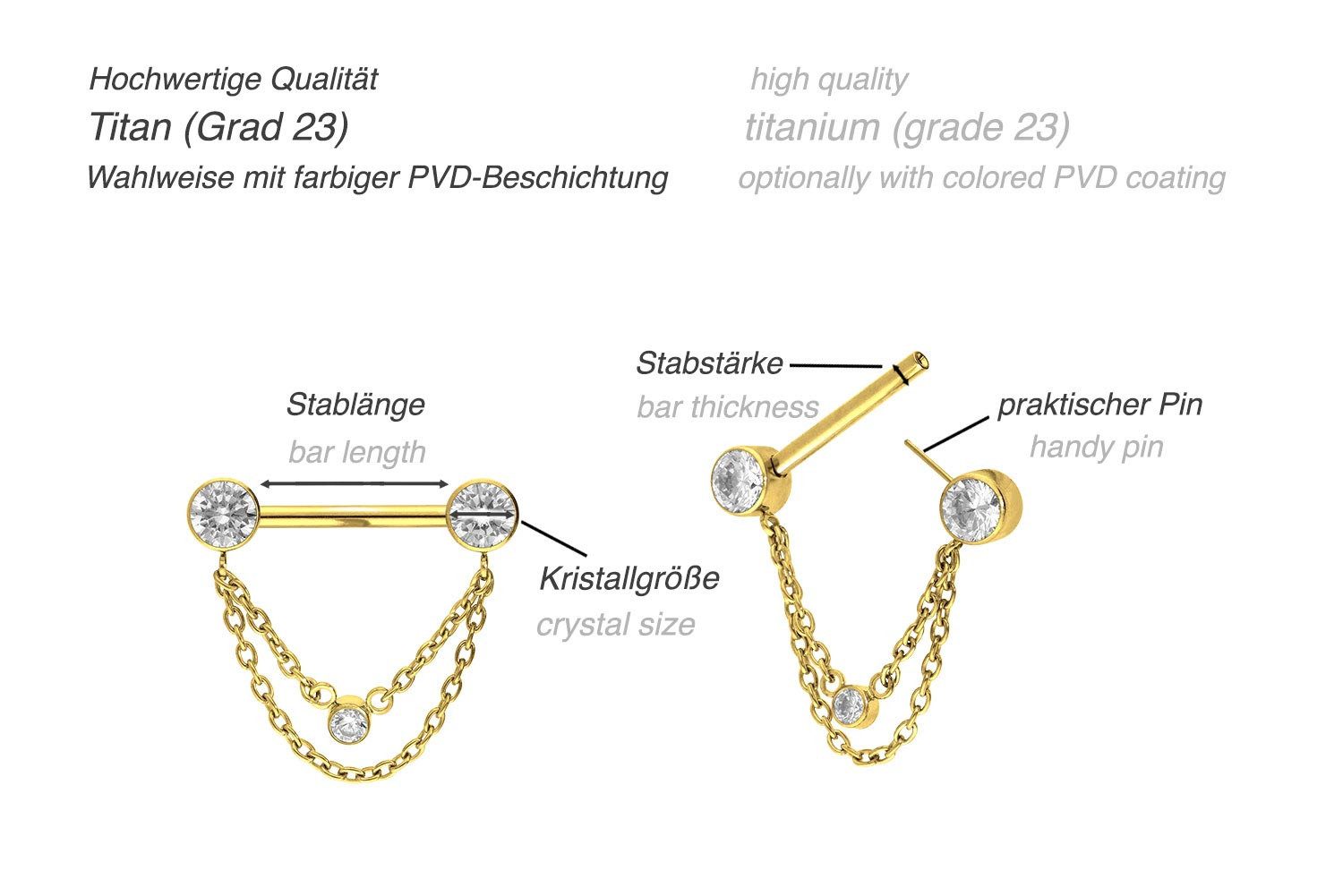 PIERCINGLINE Brustwarzenpiercing Titan Barbell mit Push Fit 2 KETTEN + KRIS günstig online kaufen