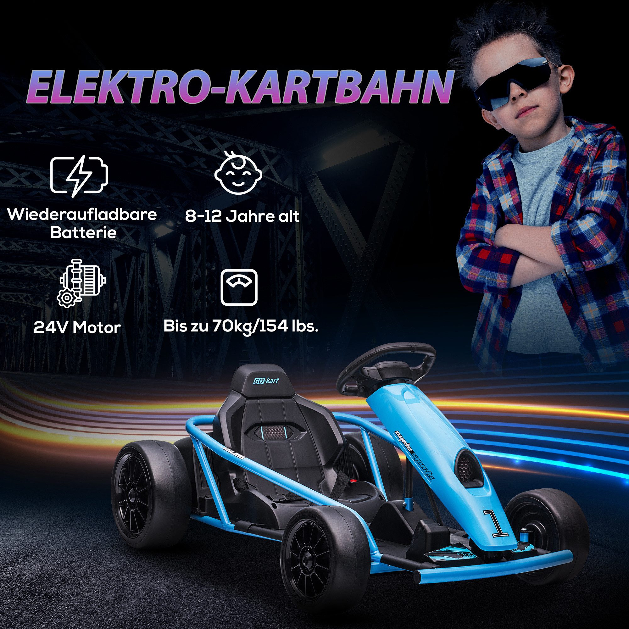 HOMCOM Elektro-Kinderauto Kinder Elektro Gokart 24 V Drift Kart mit Langsamem Start, Musik, Belastbarkeit 70 kg, (1-tlg), für 8-12 Jahre Kinder, Blau – Bild 4 von 5