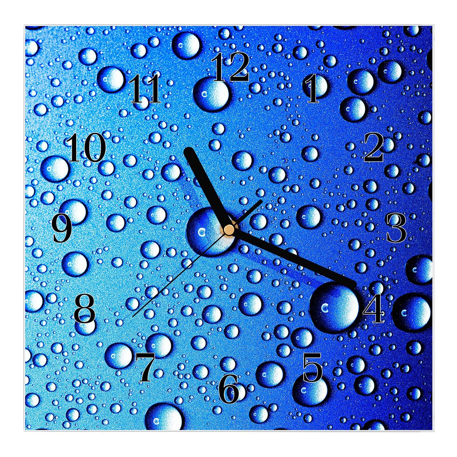 Primedeco Wanduhr Glasuhr Wanduhr Wandkunst Größe 30 x 30 cm mit Motiv Wassertropfen auf blau