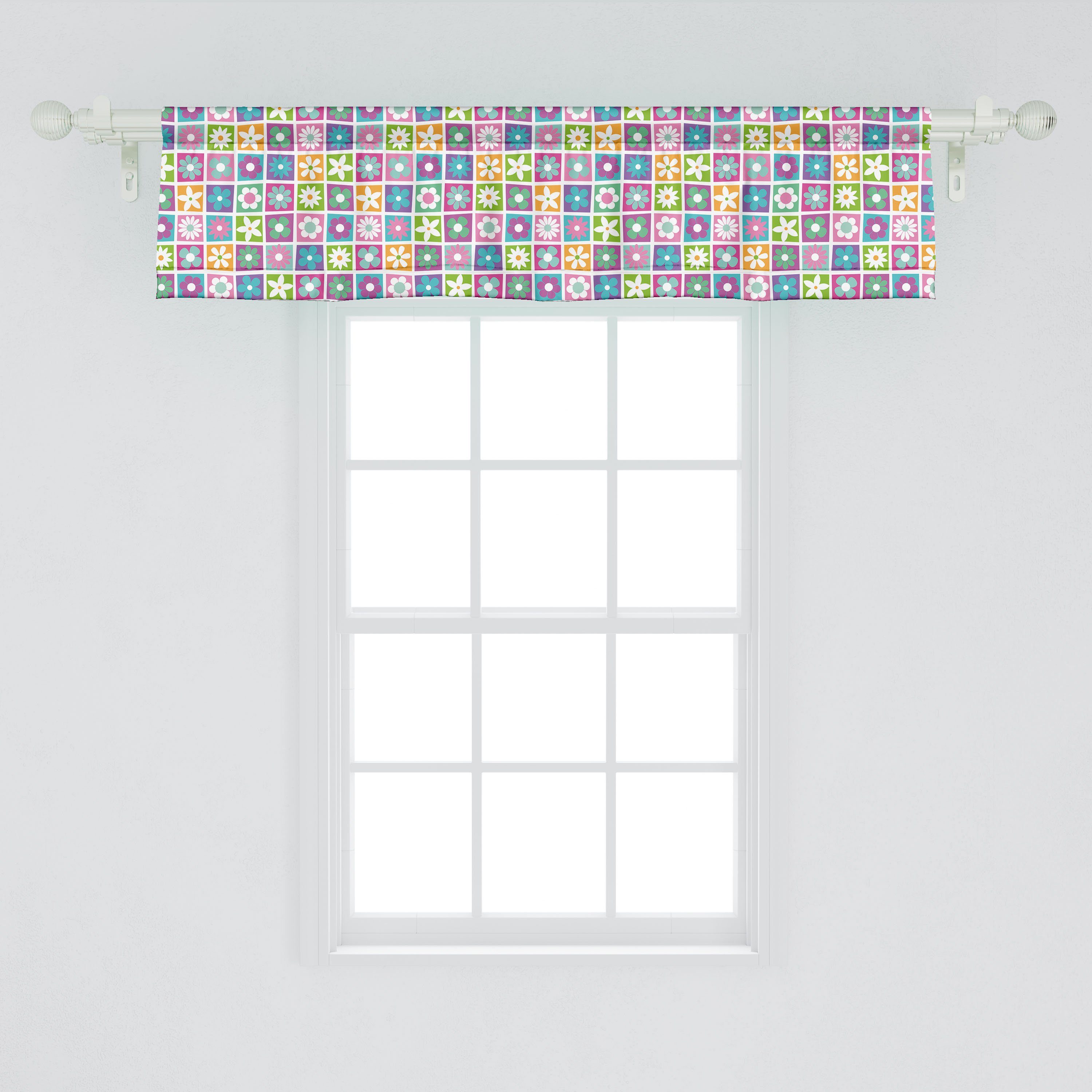 Scheibengardine Vorhang Volant für Küche Blumen Stangentasche, Dekor Blumen Motiv Schlafzimmer mit Quadrate Microfaser, in Abakuhaus