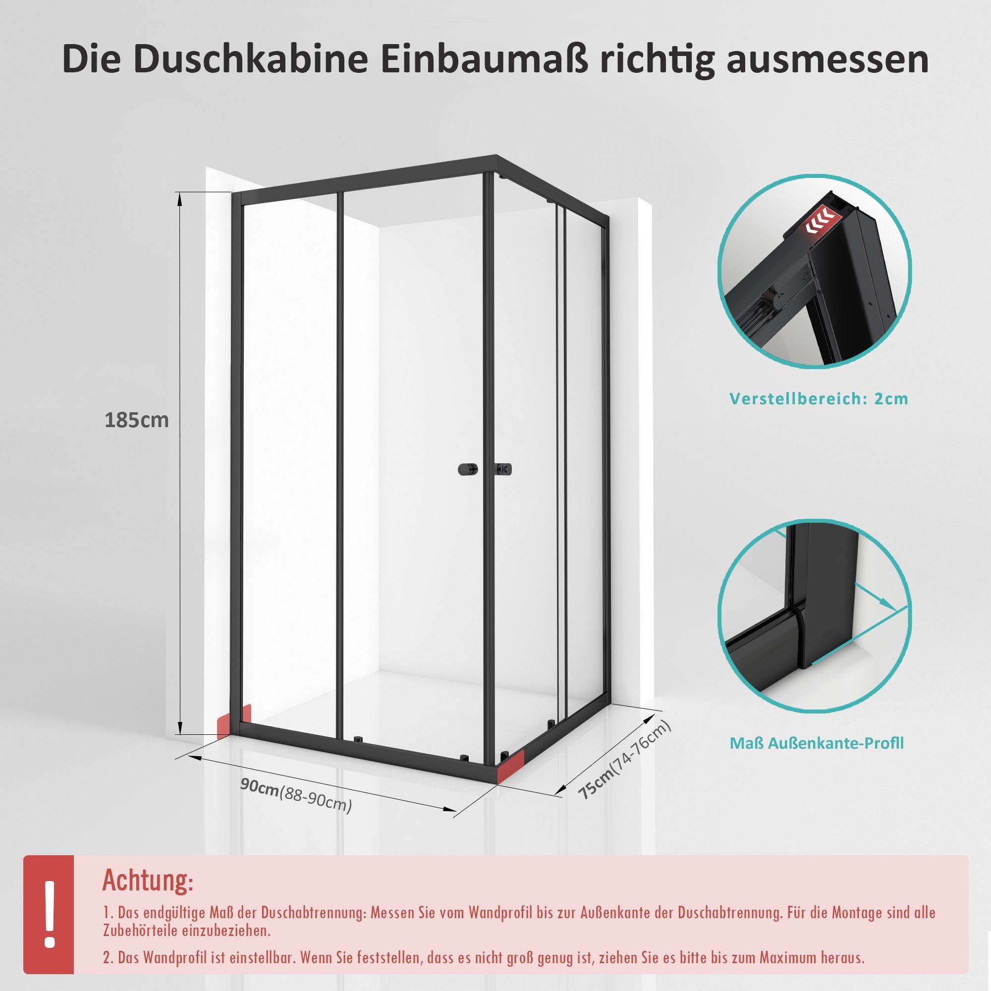 Boromal Eckdusche Duschkabine Schwarz 75x90 Schiebetür Eckeinstieg Duschwand Glas 185H, BxT: 75x90 cm