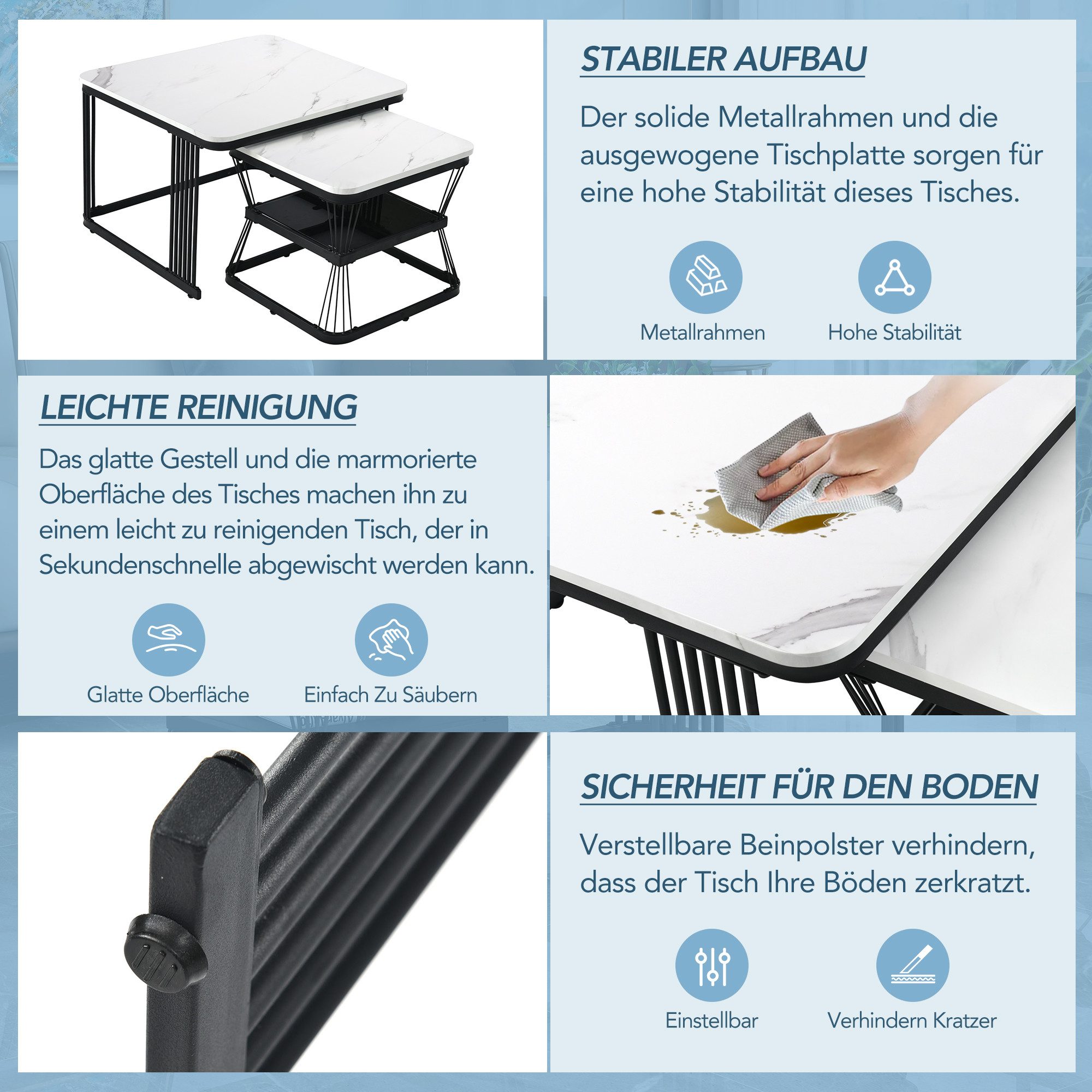 Merax Couchtisch im Marmoroptik mit Metallrahmen (2er Set), hochglanz Beistelltisch mit Einlegeboden, Satztisch, Wohnzimmertisch