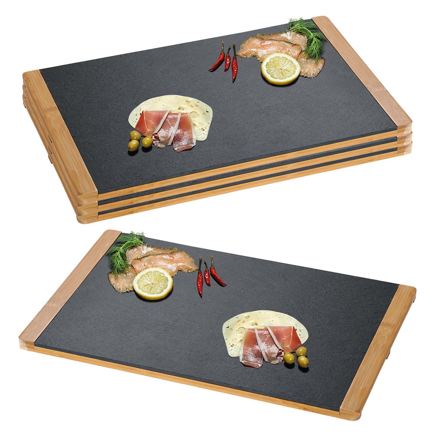 Kesper Servierbrett 4 Buffetplatten, Schiefer mit Bambusrahmen - 45 x 30cm, Schiefer, (4-St), Schieferplatte herausnehmbar