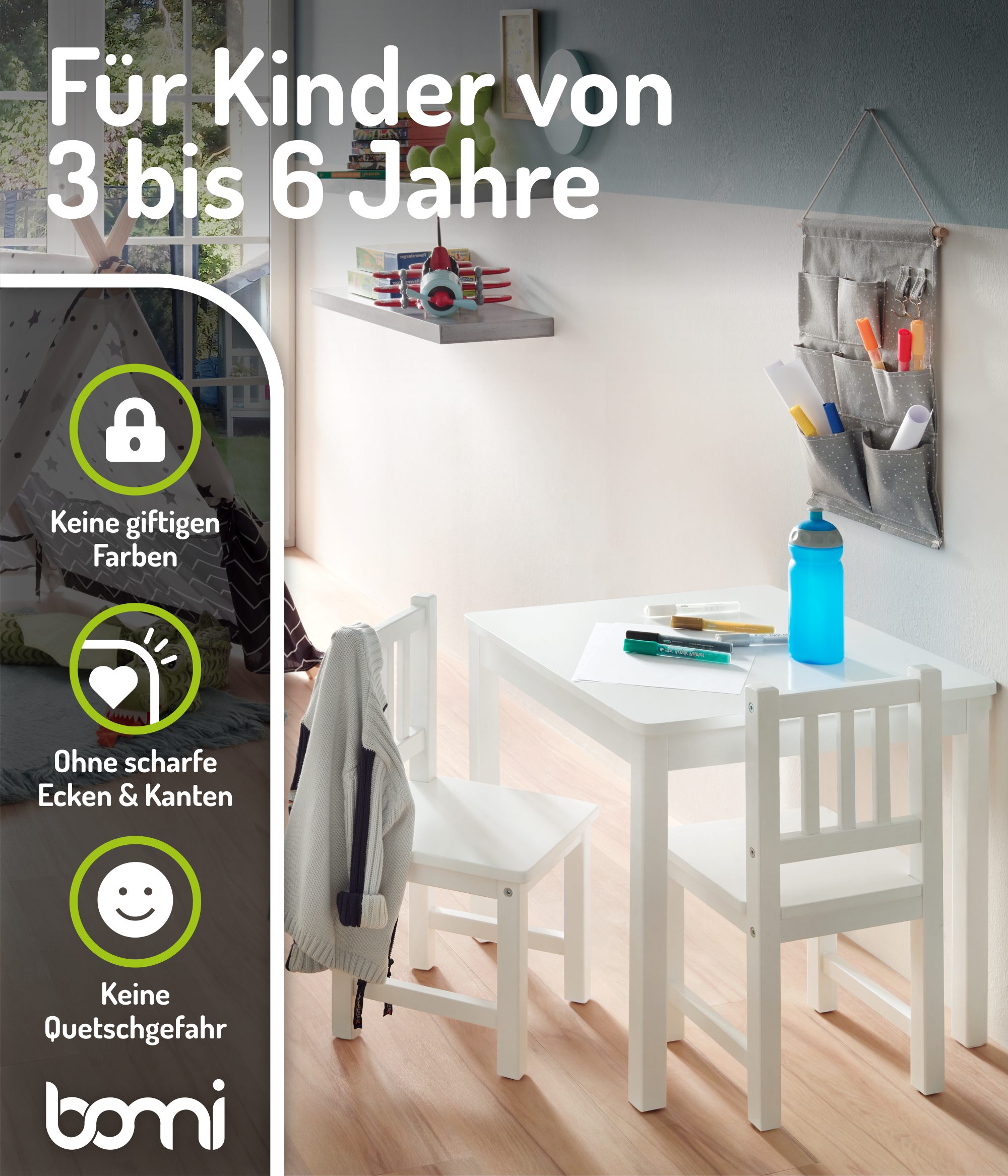 BOMI Kindersitzgruppe Holzsitzgruppe Amy, (Set, 3-tlg., oder 5 tlg. erhältlich), Kindertischgruppe, Tisch & Stühle Kinderzimmer, als Spiel- & Maltisch